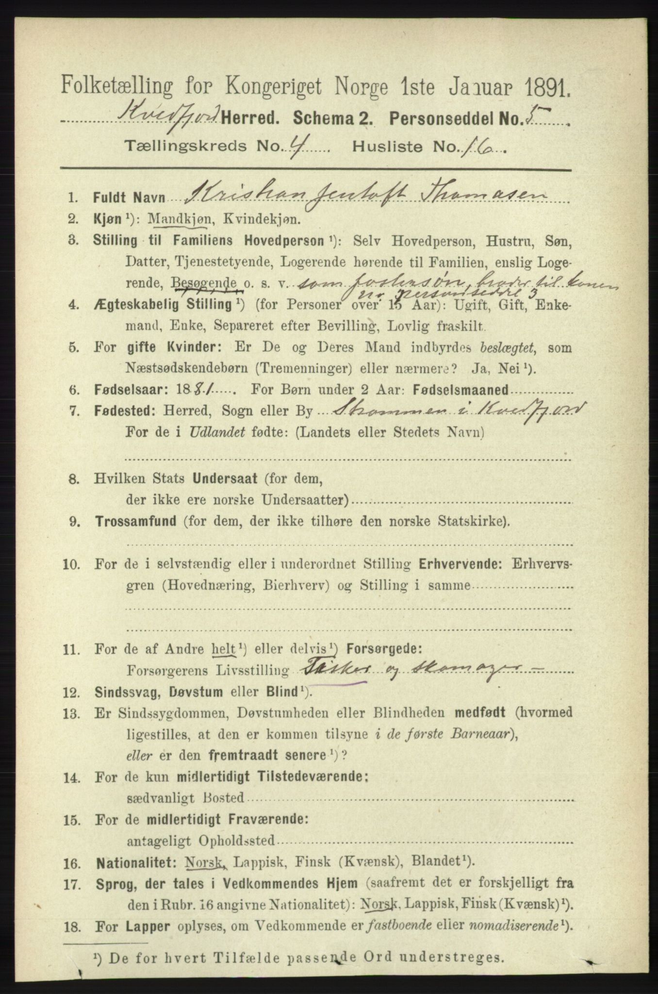 RA, 1891 census for 1911 Kvæfjord, 1891, p. 1988