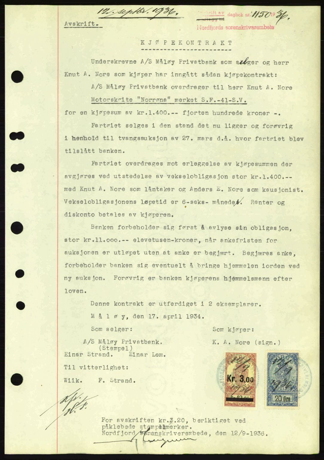 Nordfjord sorenskriveri, AV/SAB-A-2801/02/02b/02bj/L0001: Mortgage book no. A1, 1936-1937, Diary no: : 1150/1936