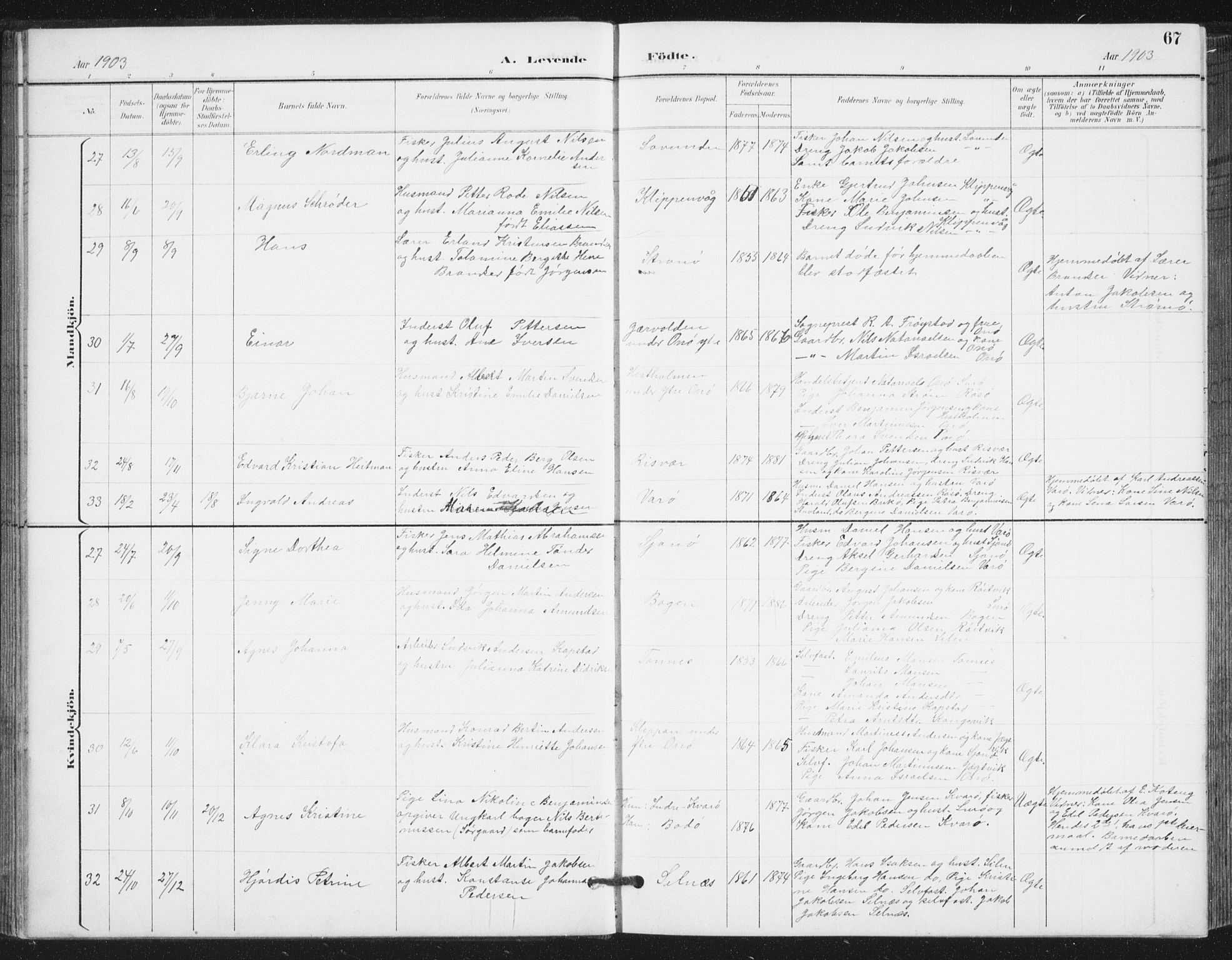 Ministerialprotokoller, klokkerbøker og fødselsregistre - Nordland, AV/SAT-A-1459/839/L0573: Parish register (copy) no. 839C03, 1892-1917, p. 67