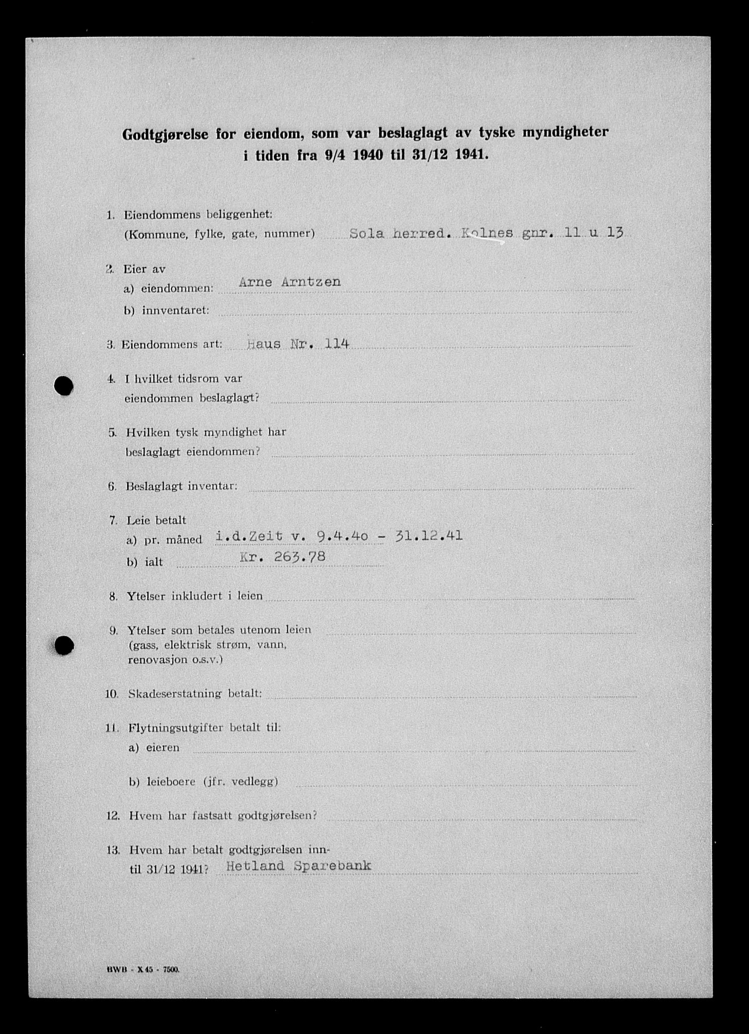 Justisdepartementet, Tilbakeføringskontoret for inndratte formuer, AV/RA-S-1564/I/L1014: Godtgjørelse for beslaglagt eiendom, 1940-1941, p. 168