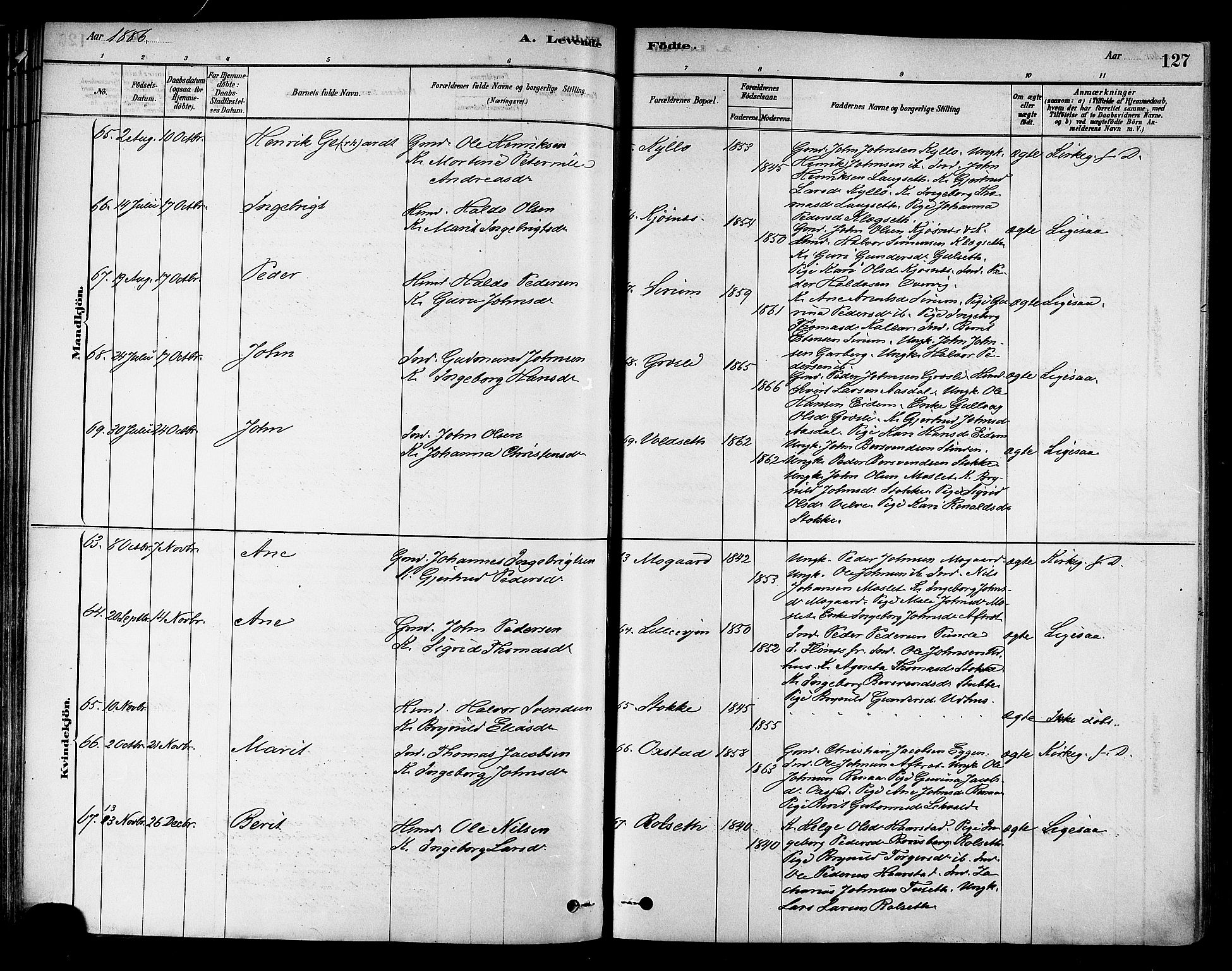 Ministerialprotokoller, klokkerbøker og fødselsregistre - Sør-Trøndelag, AV/SAT-A-1456/695/L1148: Parish register (official) no. 695A08, 1878-1891, p. 127