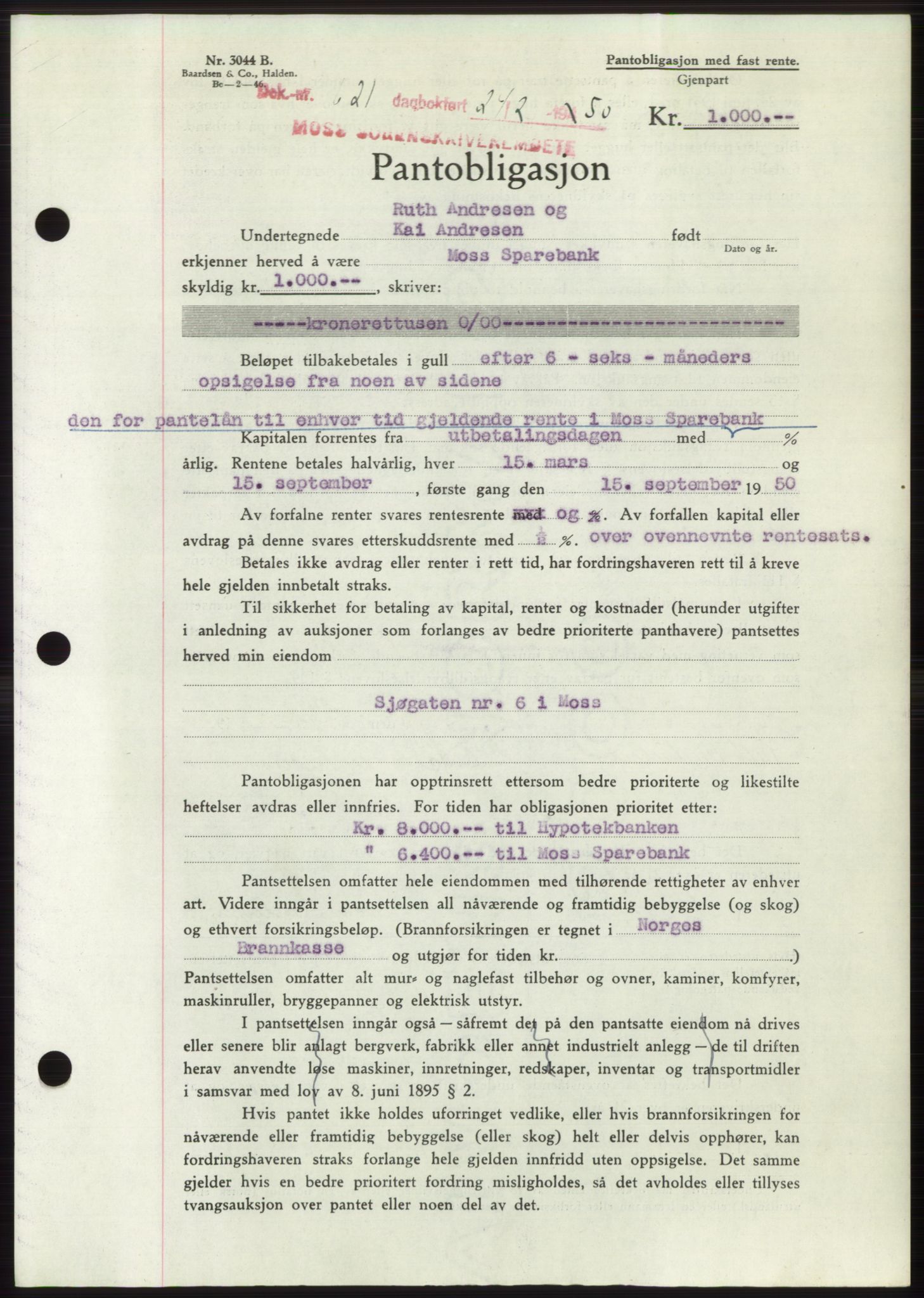 Moss sorenskriveri, SAO/A-10168: Mortgage book no. B23, 1949-1950, Diary no: : 621/1950