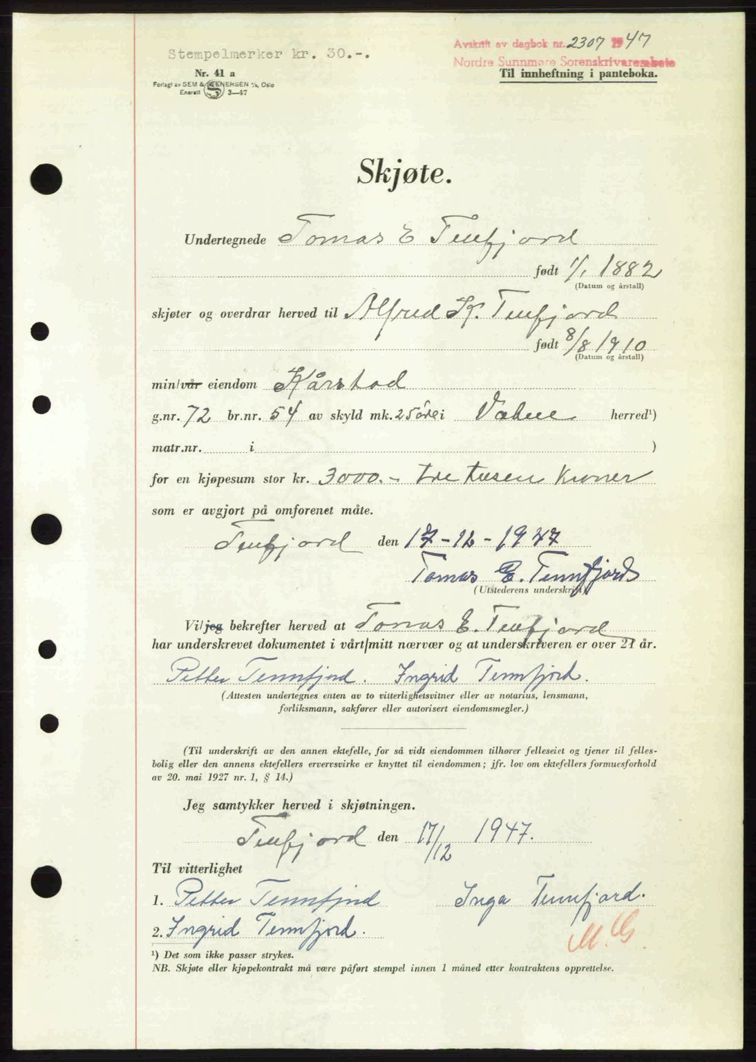 Nordre Sunnmøre sorenskriveri, AV/SAT-A-0006/1/2/2C/2Ca: Mortgage book no. A26, 1947-1948, Diary no: : 2307/1947