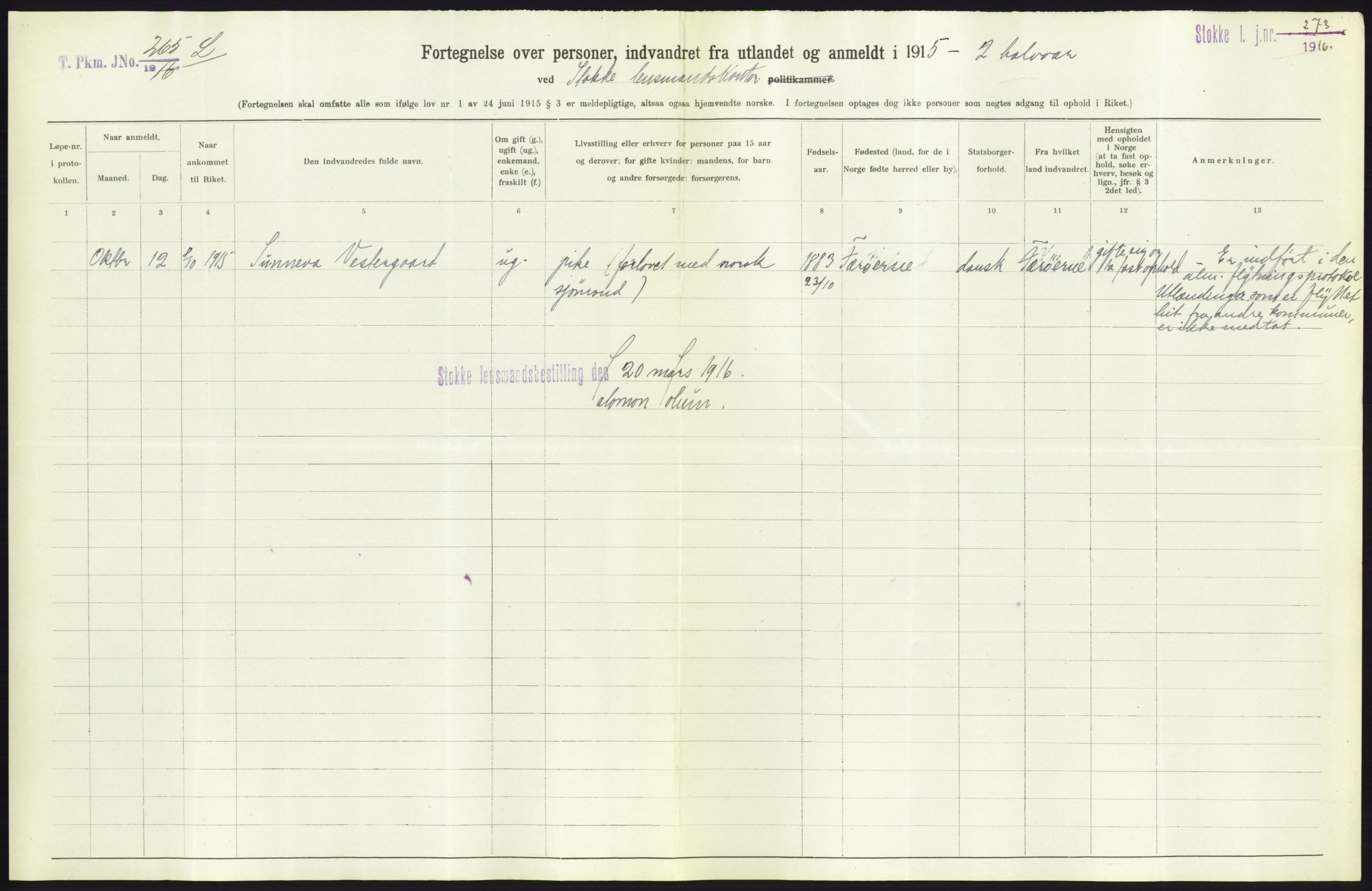 Statistisk sentralbyrå, Sosioøkonomiske emner, Folketellinger, boliger og boforhold, AV/RA-S-2231/F/Fa/L0001: Innvandring. Navn/fylkesvis, 1915, p. 274