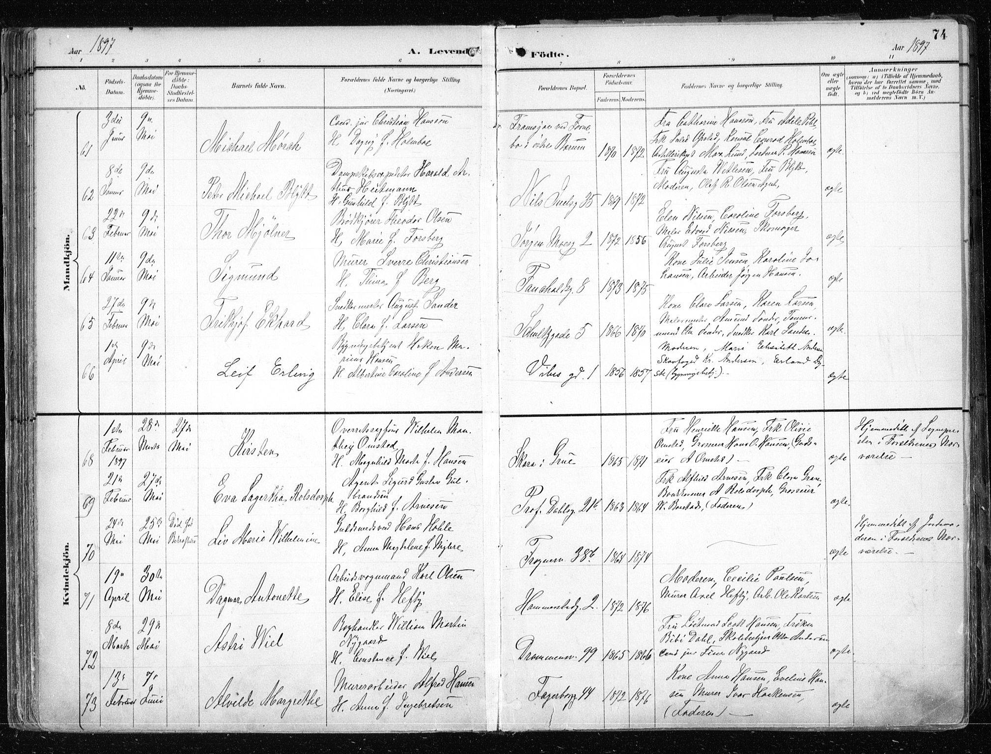 Uranienborg prestekontor Kirkebøker, AV/SAO-A-10877/F/Fa/L0005: Parish register (official) no. 5, 1895-1907, p. 74