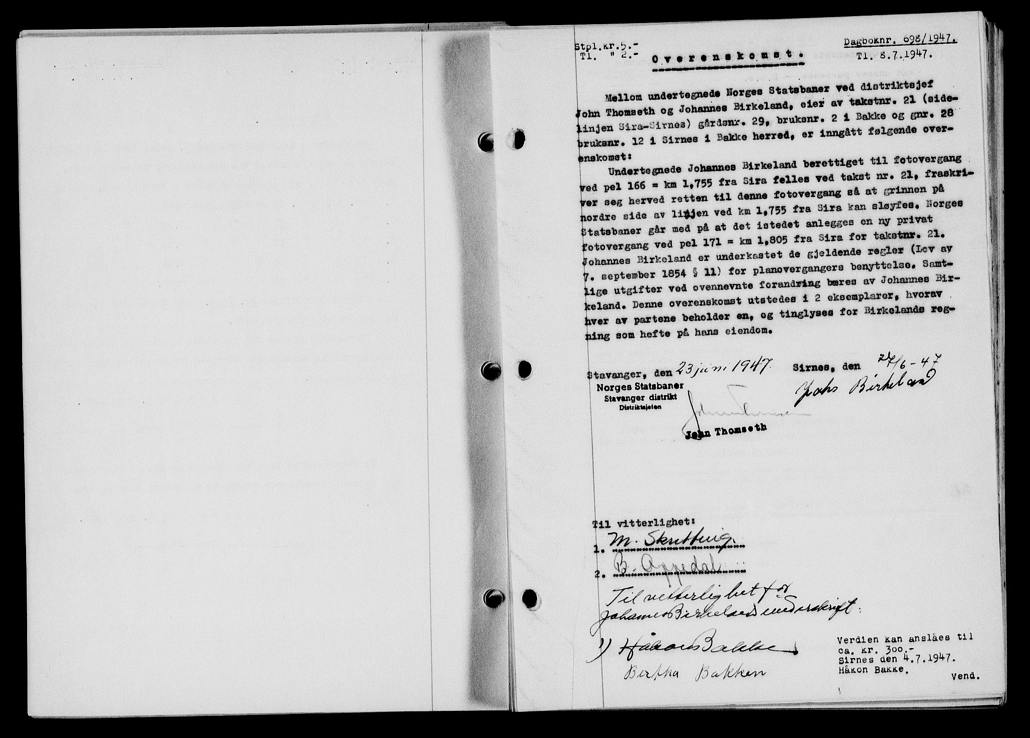 Flekkefjord sorenskriveri, SAK/1221-0001/G/Gb/Gba/L0062: Mortgage book no. A-10, 1947-1947, Diary no: : 698/1947