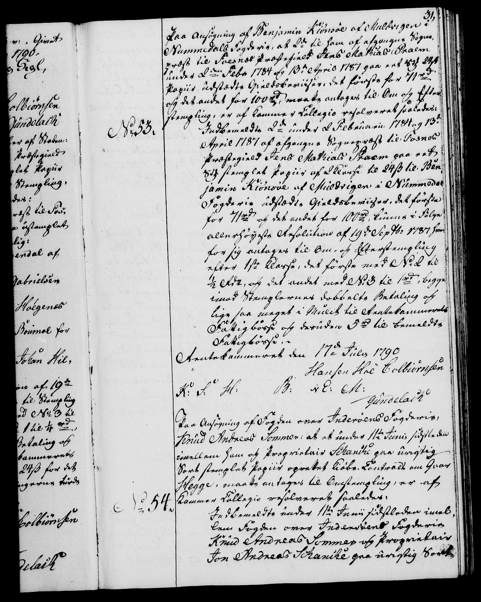 Rentekammeret, Kammerkanselliet, AV/RA-EA-3111/G/Gg/Gga/L0015: Norsk ekspedisjonsprotokoll med register (merket RK 53.15), 1790-1791, p. 31