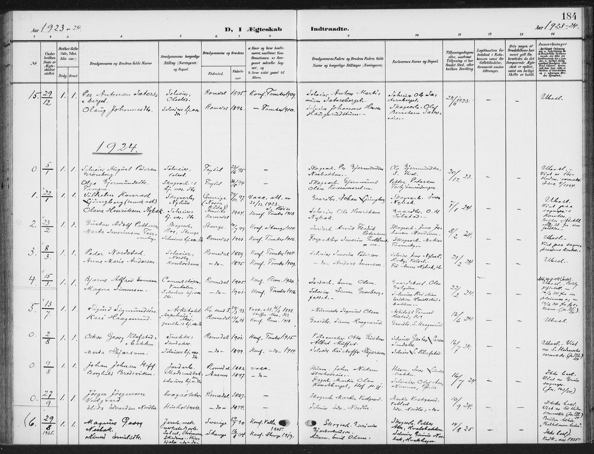 Romedal prestekontor, SAH/PREST-004/K/L0009: Parish register (official) no. 9, 1906-1929, p. 184