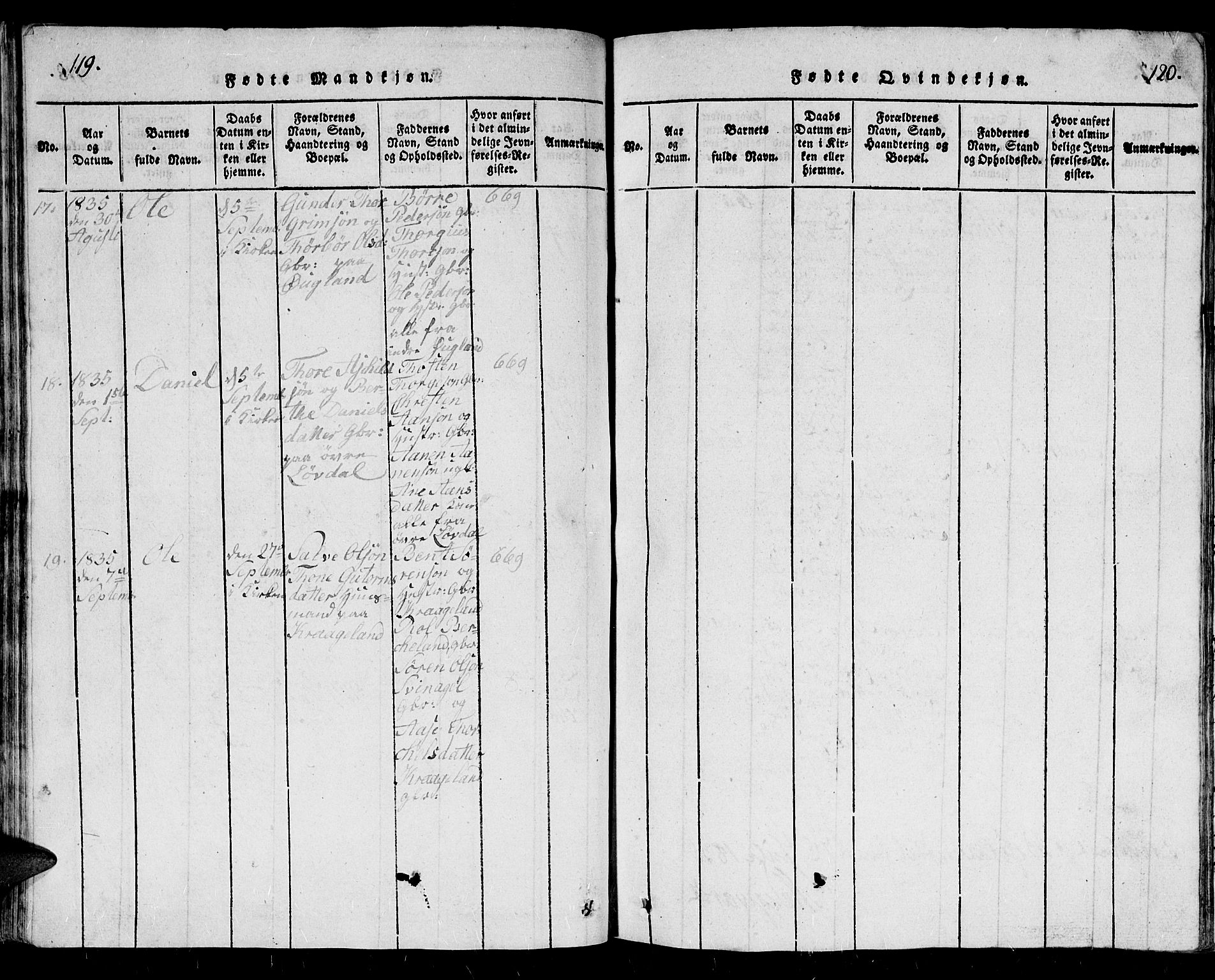 Holum sokneprestkontor, AV/SAK-1111-0022/F/Fb/Fbb/L0001: Parish register (copy) no. B 1, 1820-1847, p. 119-120