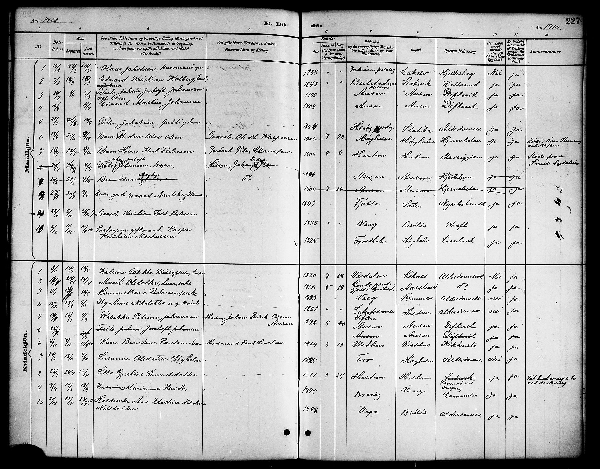 Ministerialprotokoller, klokkerbøker og fødselsregistre - Nordland, AV/SAT-A-1459/819/L0277: Parish register (copy) no. 819C03, 1888-1917, p. 227