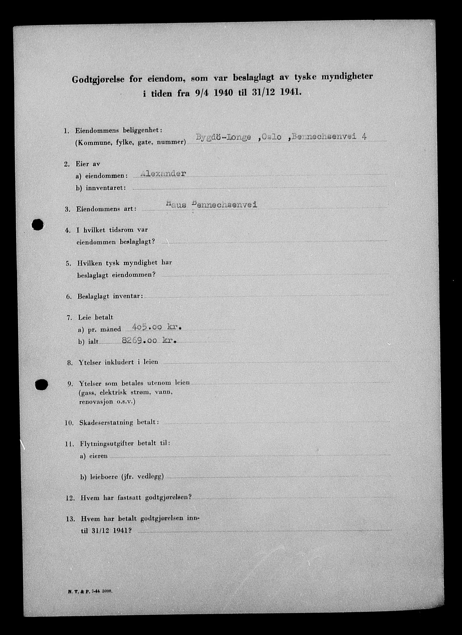 Justisdepartementet, Tilbakeføringskontoret for inndratte formuer, AV/RA-S-1564/I/L1010: Godtgjørelse for beslaglagt eiendom, 1940-1941, p. 309