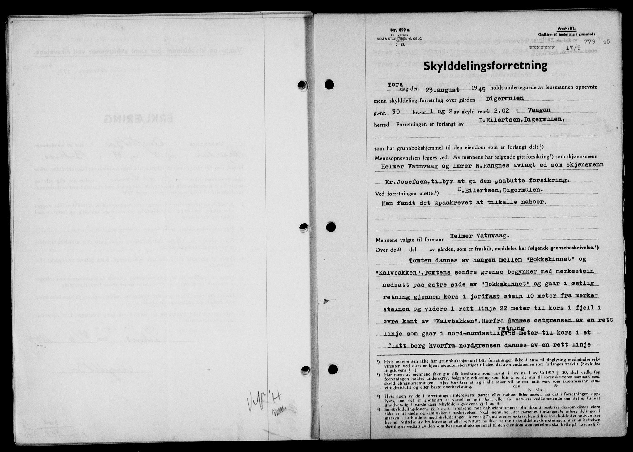 Lofoten sorenskriveri, SAT/A-0017/1/2/2C/L0013a: Mortgage book no. 13a, 1944-1946, Diary no: : 779/1945