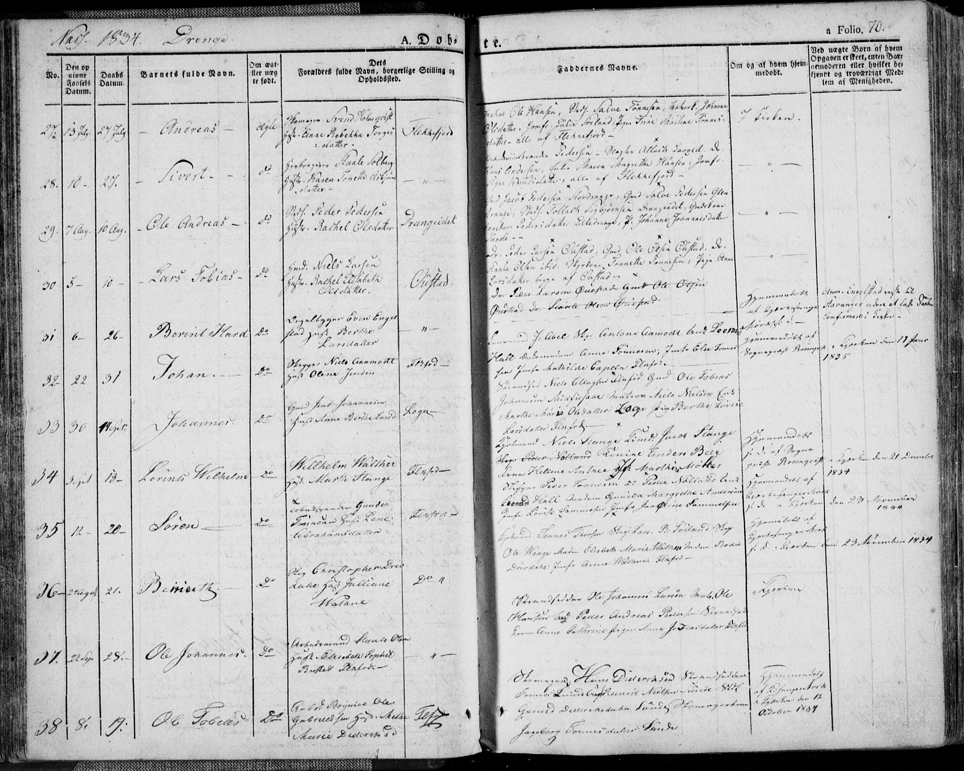 Flekkefjord sokneprestkontor, SAK/1111-0012/F/Fa/Fac/L0003: Parish register (official) no. A 3, 1826-1841, p. 70