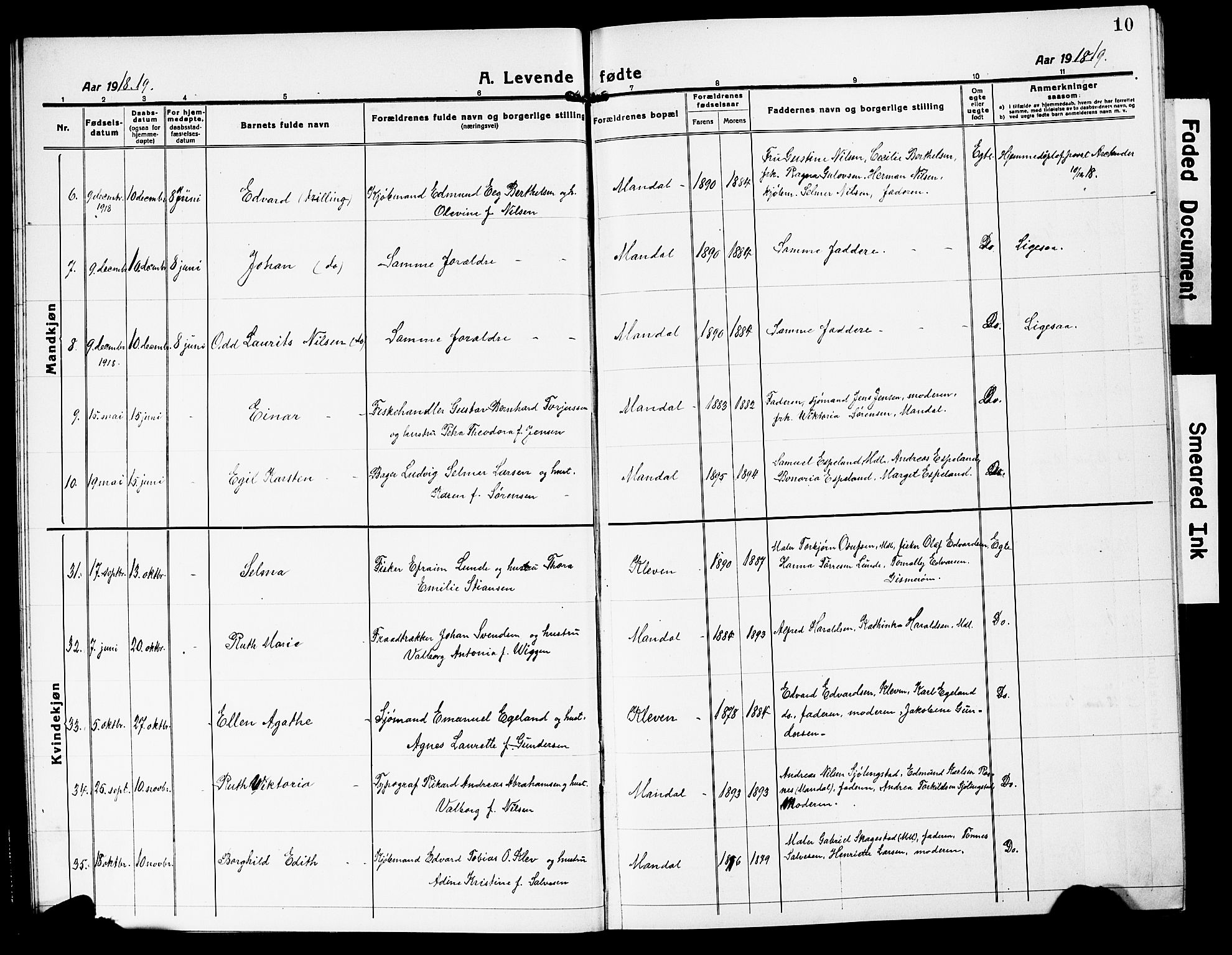 Mandal sokneprestkontor, AV/SAK-1111-0030/F/Fb/Fbc/L0001: Parish register (copy) no. B 1, 1918-1931, p. 10