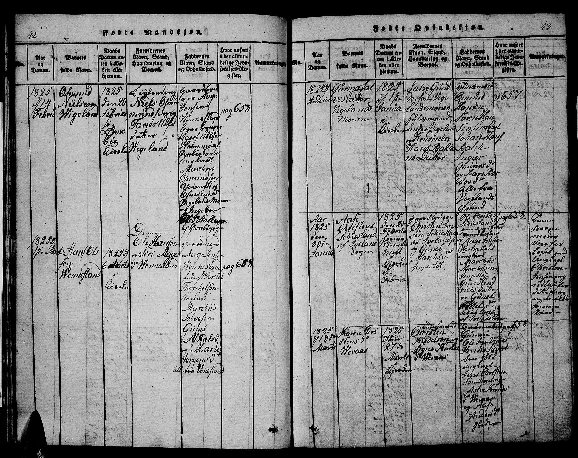 Vennesla sokneprestkontor, AV/SAK-1111-0045/Fb/Fbb/L0001: Parish register (copy) no. B 1, 1820-1834, p. 42-43