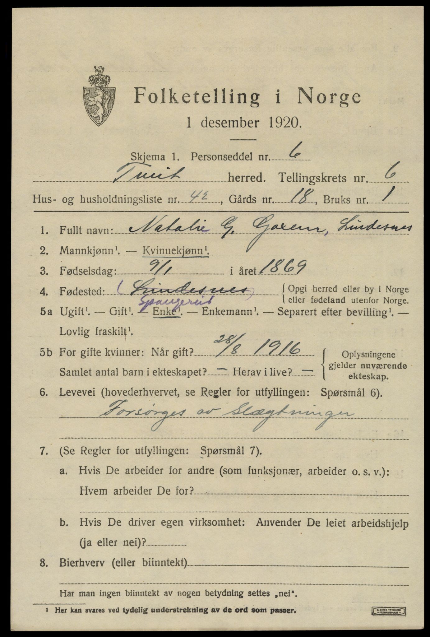 SAK, 1920 census for Tveit, 1920, p. 3156