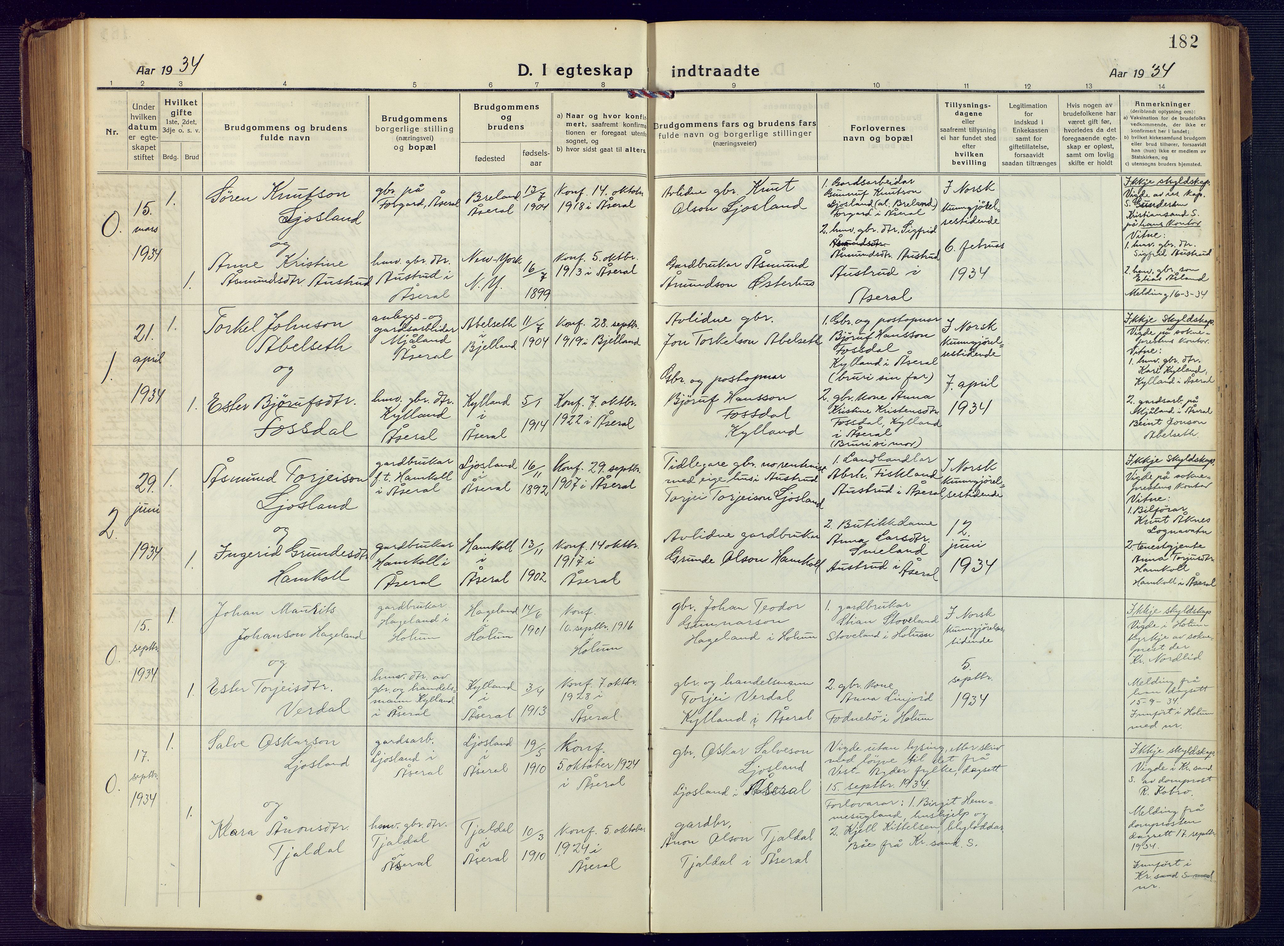 Åseral sokneprestkontor, SAK/1111-0051/F/Fb/L0004: Parish register (copy) no. B 4, 1920-1946, p. 182