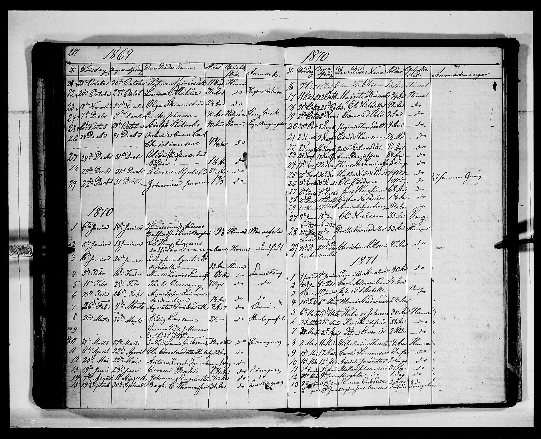 Vang prestekontor, Hedmark, SAH/PREST-008/H/Ha/Hab/L0011: Parish register (copy) no. 11, 1855-1878, p. 217