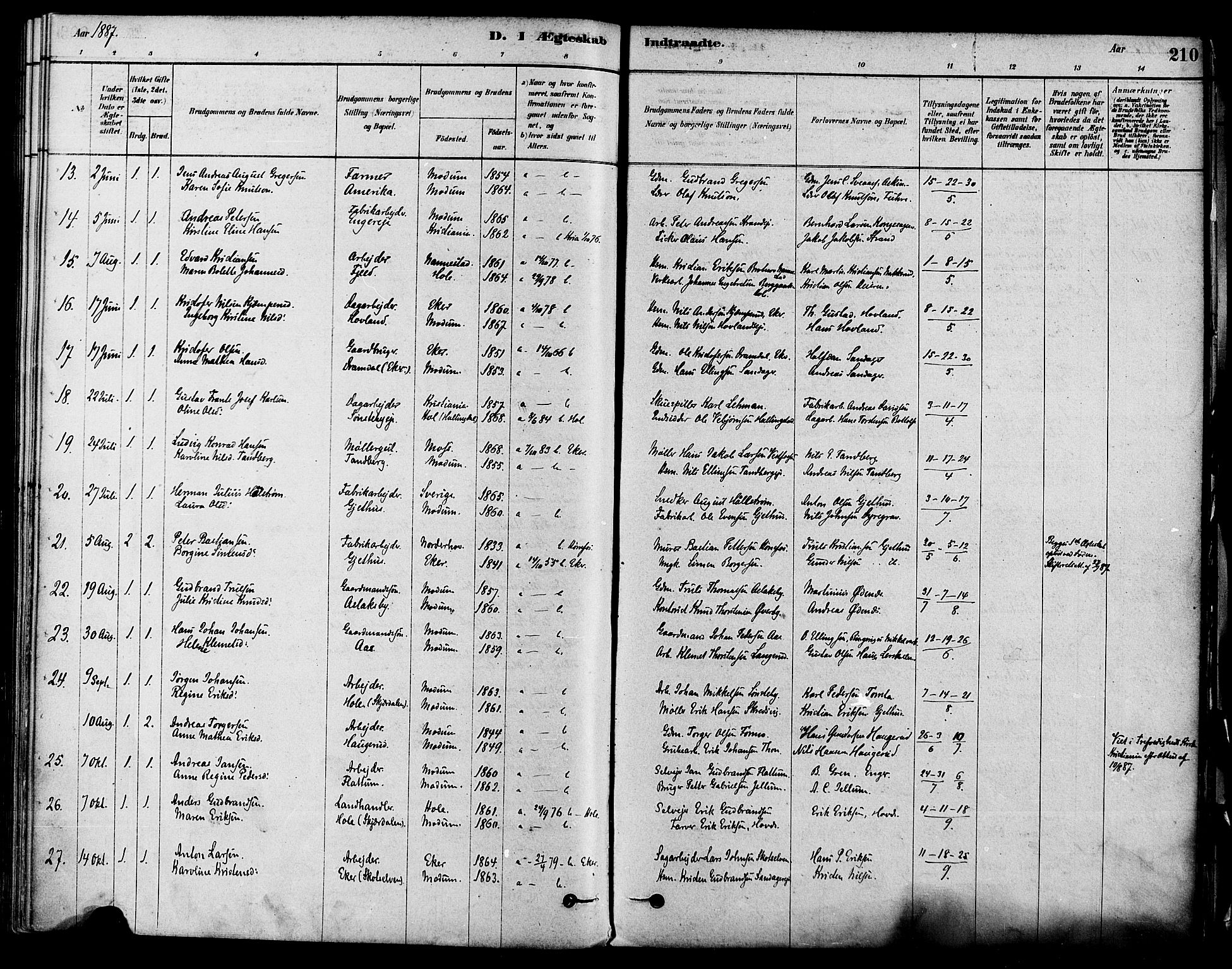 Modum kirkebøker, AV/SAKO-A-234/F/Fa/L0011: Parish register (official) no. 11, 1877-1889, p. 210