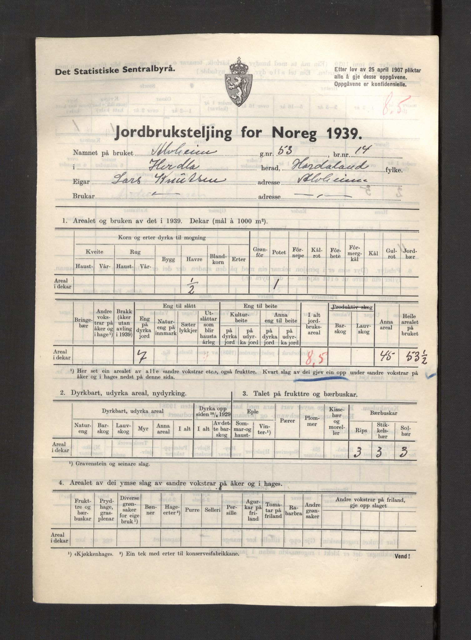 Statistisk sentralbyrå, Næringsøkonomiske emner, Jordbruk, skogbruk, jakt, fiske og fangst, AV/RA-S-2234/G/Gb/L0211: Hordaland: Herdla, Hjelme og Manger, 1939, p. 361