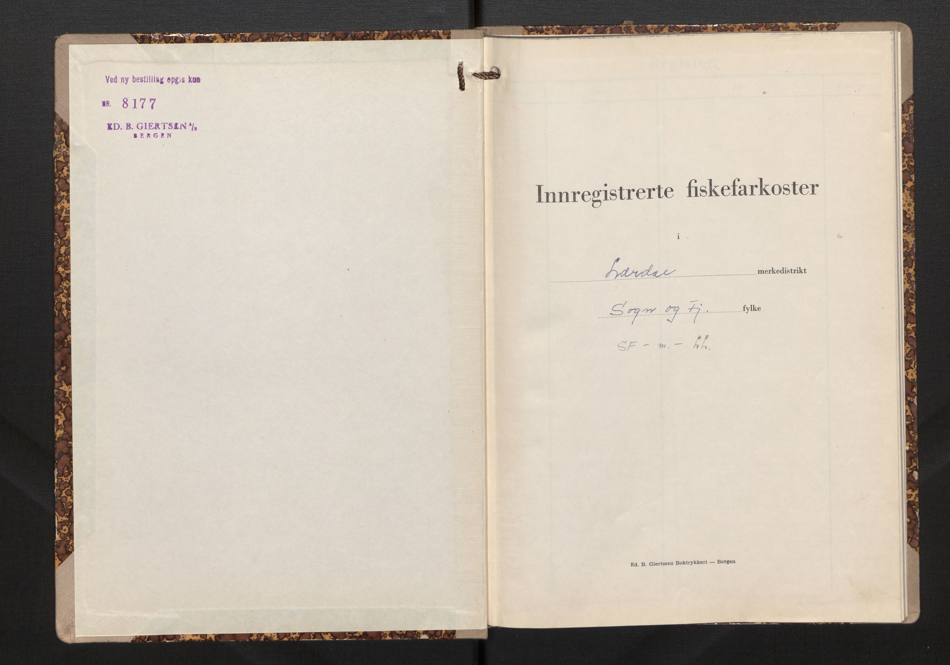 Fiskeridirektoratet - 1 Adm. ledelse - 13 Båtkontoret, SAB/A-2003/I/Ia/Iag/L0048: 135.0726/1 Merkeprotokoll - Lærdal, 1967