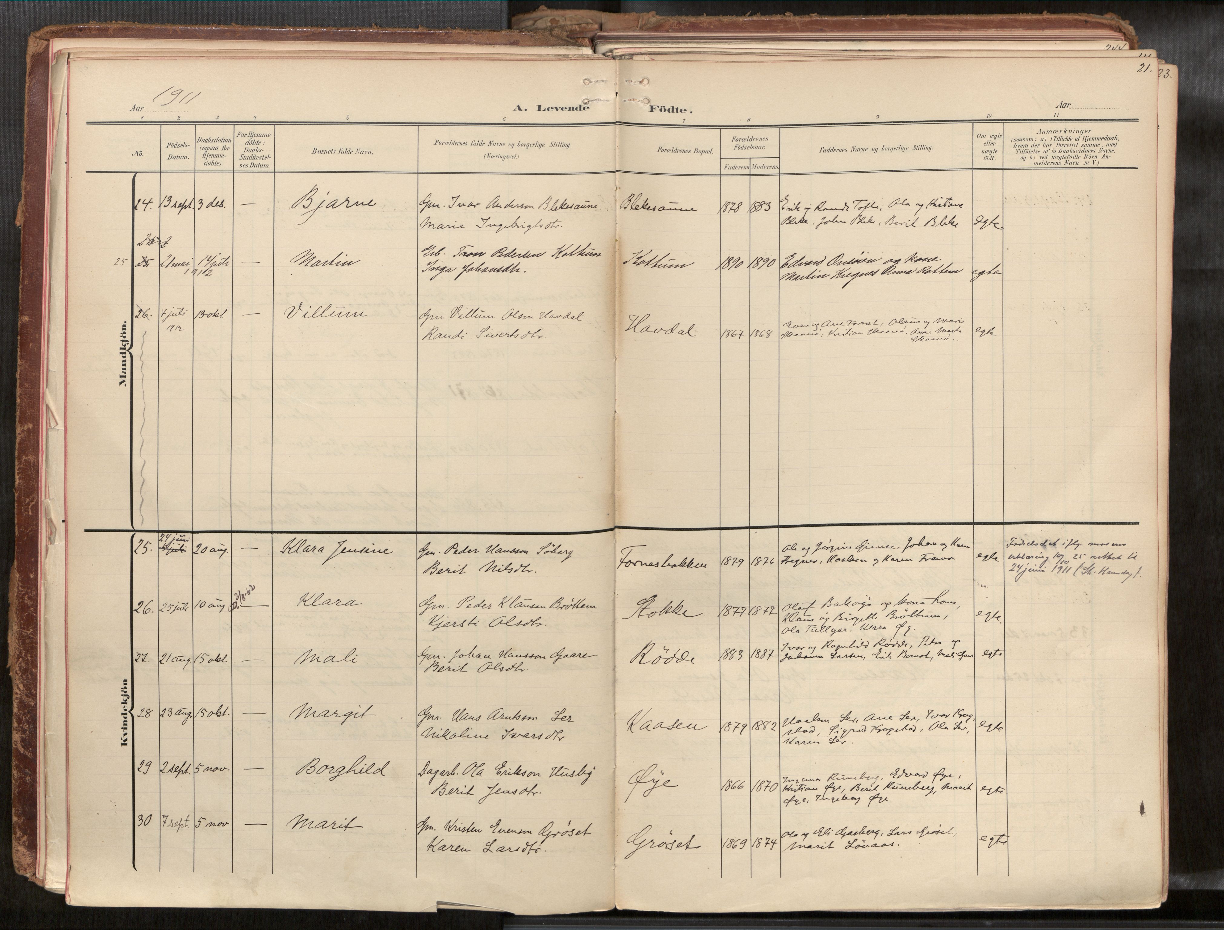 Ministerialprotokoller, klokkerbøker og fødselsregistre - Sør-Trøndelag, SAT/A-1456/691/L1085b: Parish register (official) no. 691A18, 1908-1930, p. 21