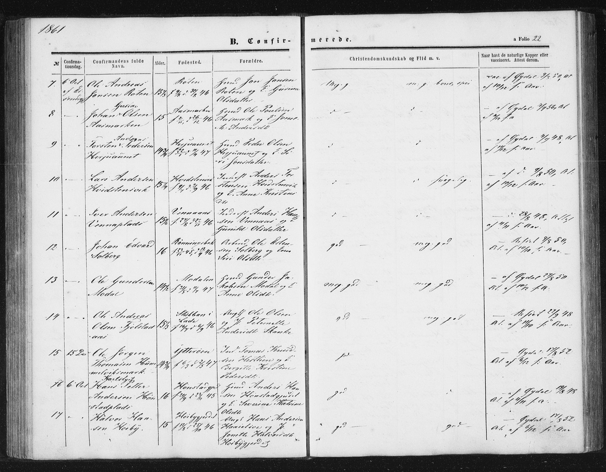 Ministerialprotokoller, klokkerbøker og fødselsregistre - Sør-Trøndelag, SAT/A-1456/616/L0408: Parish register (official) no. 616A05, 1857-1865, p. 22