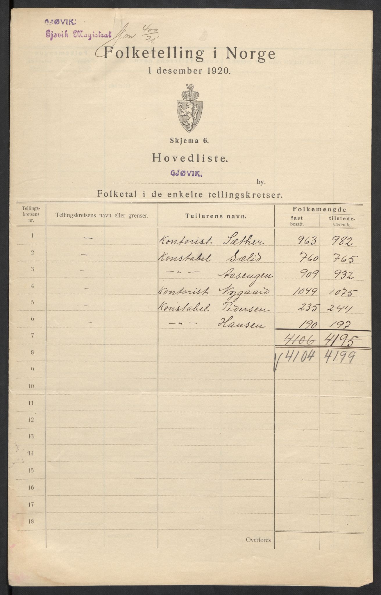 SAH, 1920 census for Gjøvik, 1920, p. 3