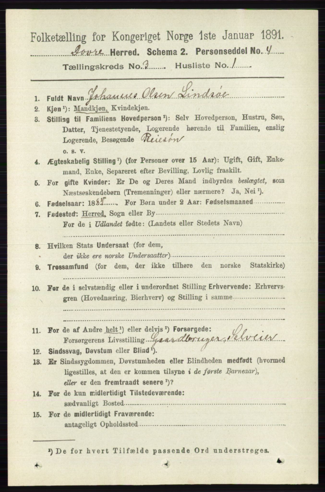 RA, 1891 census for 0511 Dovre, 1891, p. 1399