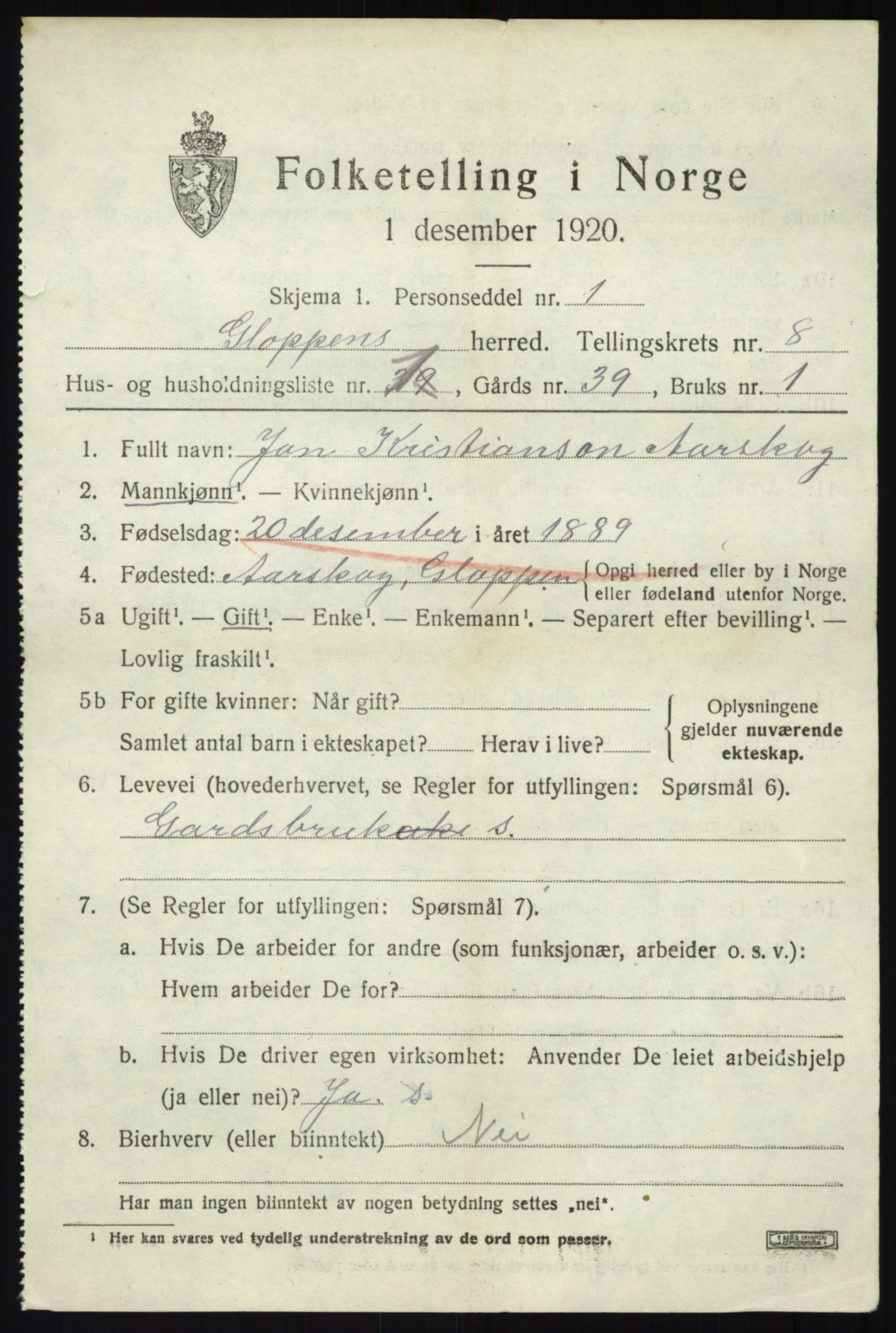 SAB, 1920 census for Gloppen, 1920, p. 4552