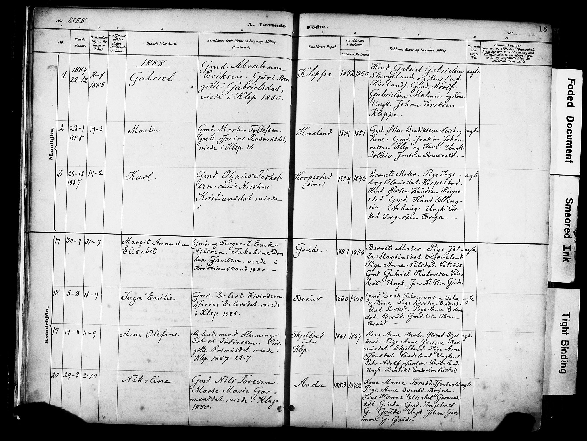 Klepp sokneprestkontor, SAST/A-101803/001/3/30BA/L0009: Parish register (official) no. A 7, 1886-1915, p. 13