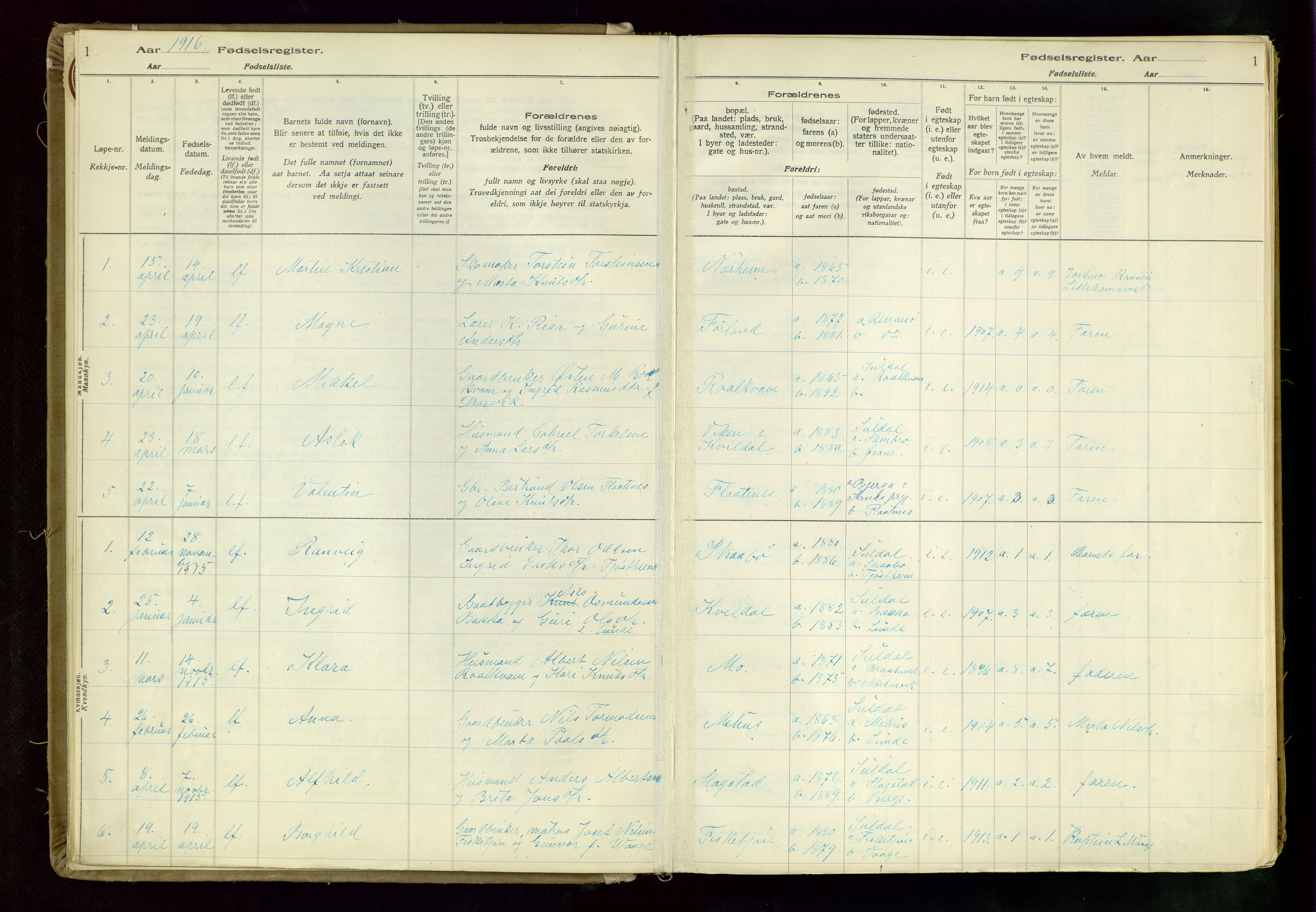 Suldal sokneprestkontor, AV/SAST-A-101845/03/A/L0002: Birth register no. 2, 1916-1982, p. 1