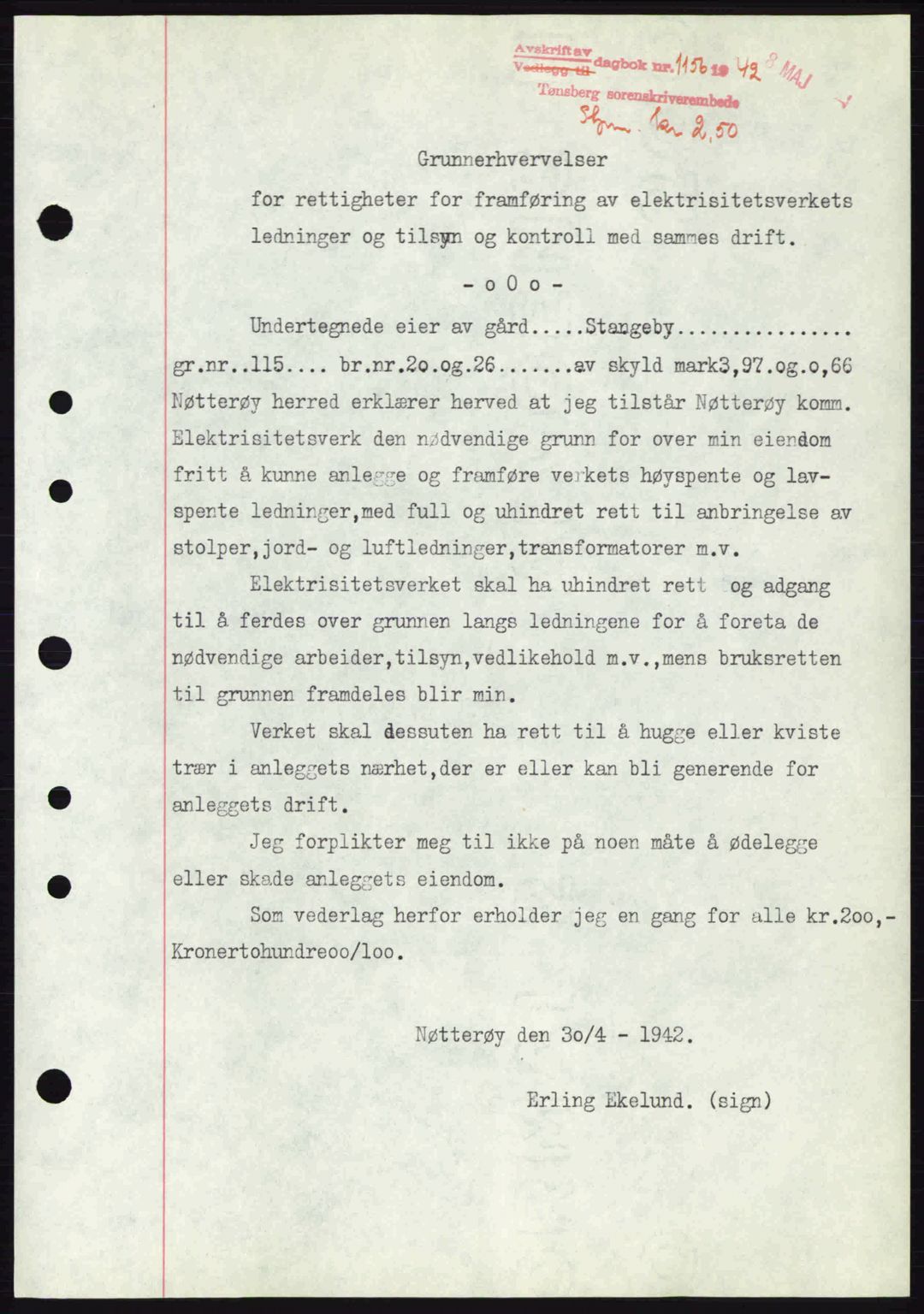 Tønsberg sorenskriveri, AV/SAKO-A-130/G/Ga/Gaa/L0011: Mortgage book no. A11, 1941-1942, Diary no: : 1156/1942