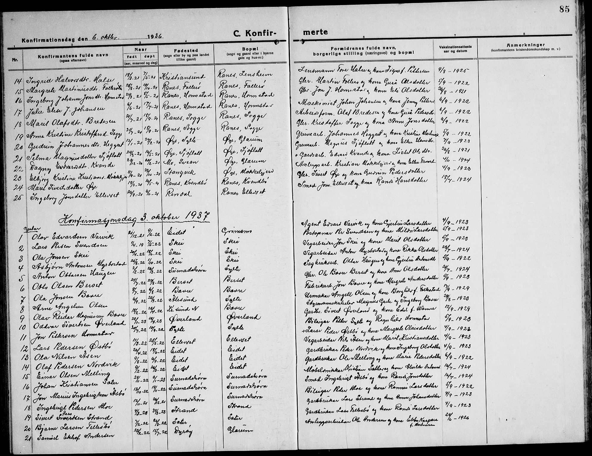 Ministerialprotokoller, klokkerbøker og fødselsregistre - Møre og Romsdal, AV/SAT-A-1454/596/L1060: Parish register (copy) no. 596C03, 1923-1944, p. 85