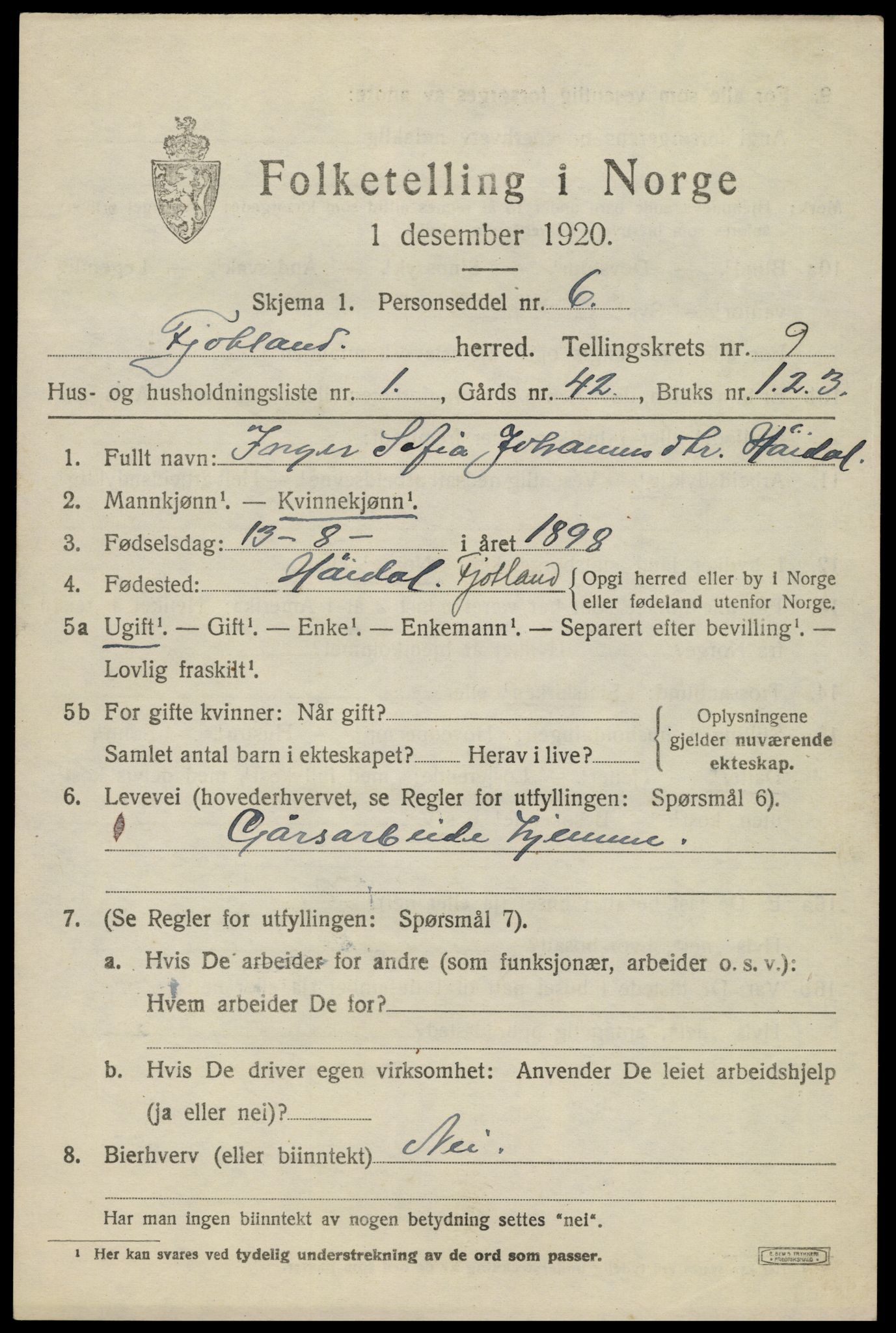 SAK, 1920 census for Fjotland, 1920, p. 2230