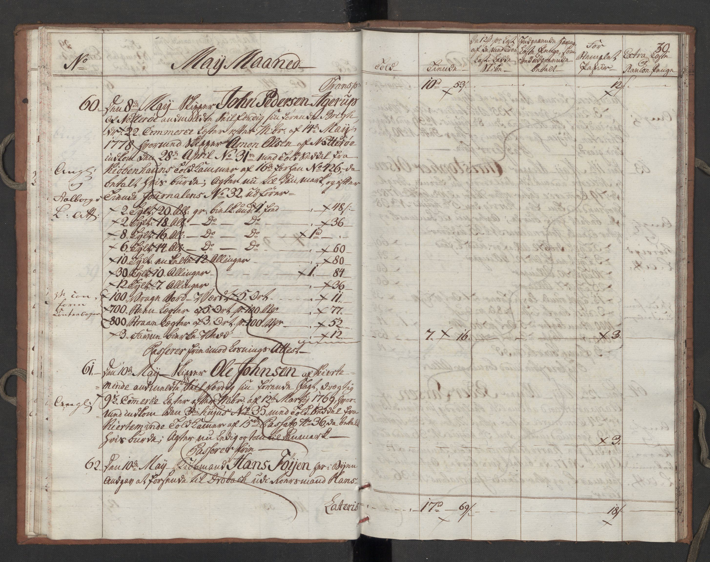 Generaltollkammeret, tollregnskaper, AV/RA-EA-5490/R10/L0052/0002: Tollregnskaper Tønsberg / Utgående tollbok, 1790, p. 29b-30a