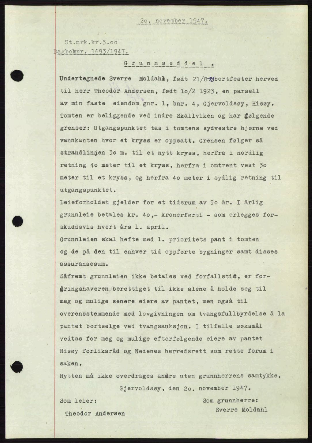 Nedenes sorenskriveri, SAK/1221-0006/G/Gb/Gba/L0058: Mortgage book no. A10, 1947-1948, Diary no: : 1693/1947