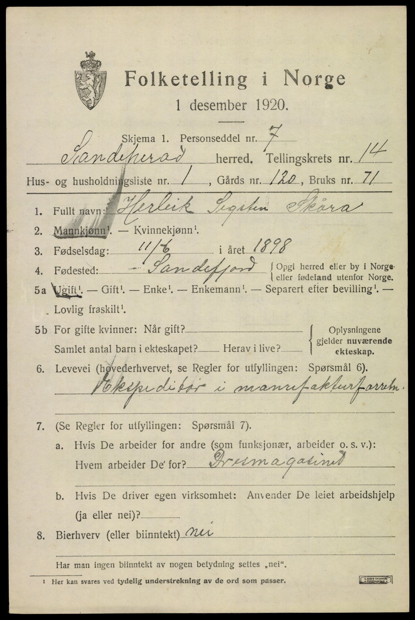 SAKO, 1920 census for Sandeherred, 1920, p. 20188