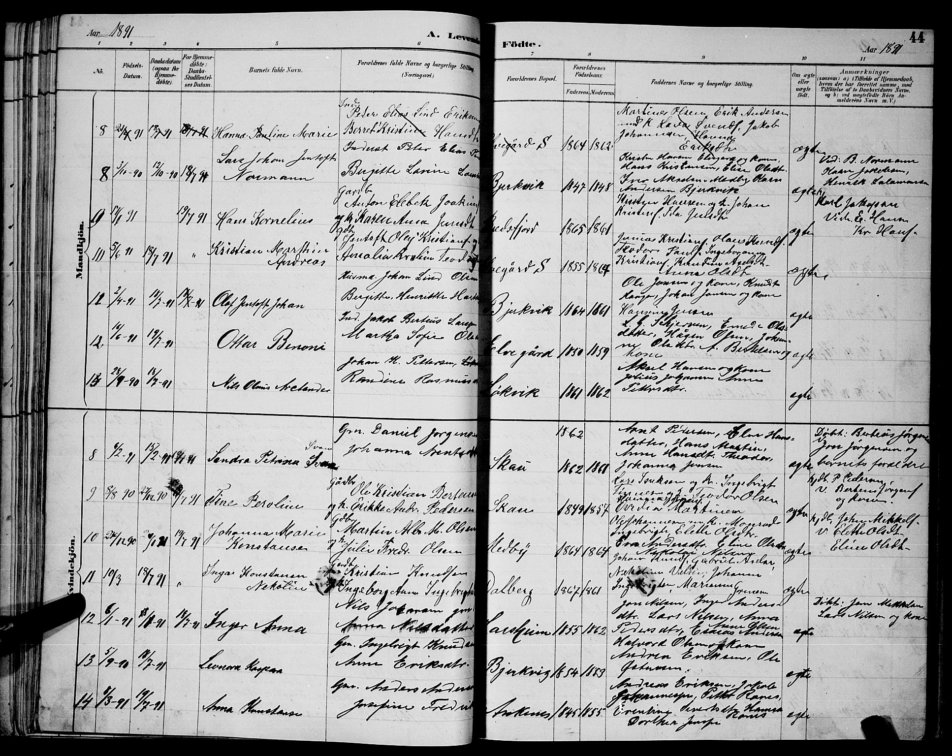 Ministerialprotokoller, klokkerbøker og fødselsregistre - Nordland, AV/SAT-A-1459/866/L0952: Parish register (copy) no. 866C01, 1886-1899, p. 44