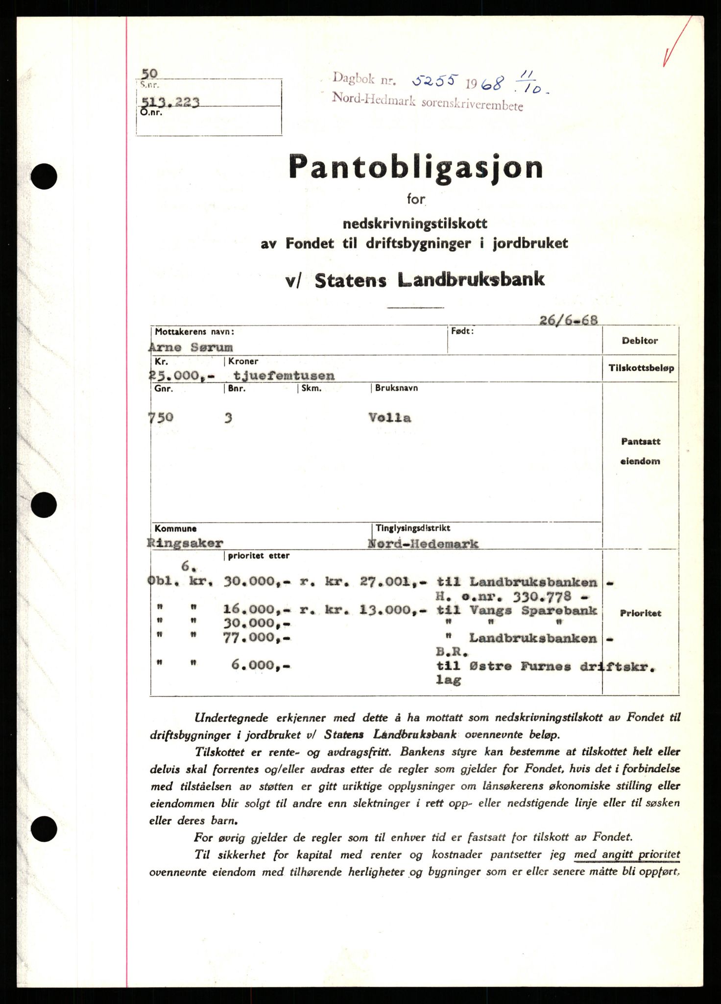 Nord-Hedmark sorenskriveri, SAH/TING-012/H/Hb/Hbf/L0077: Mortgage book no. B77, 1968-1969, Diary no: : 5255/1968