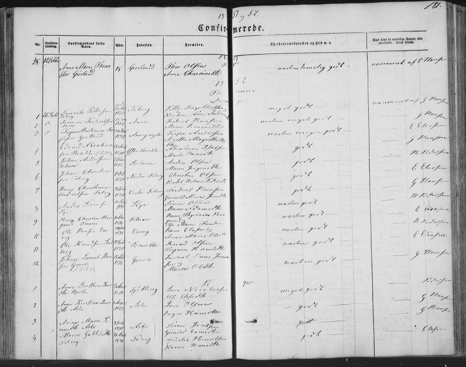 Brunlanes kirkebøker, SAKO/A-342/F/Fa/L0004: Parish register (official) no. I 4, 1846-1862, p. 181