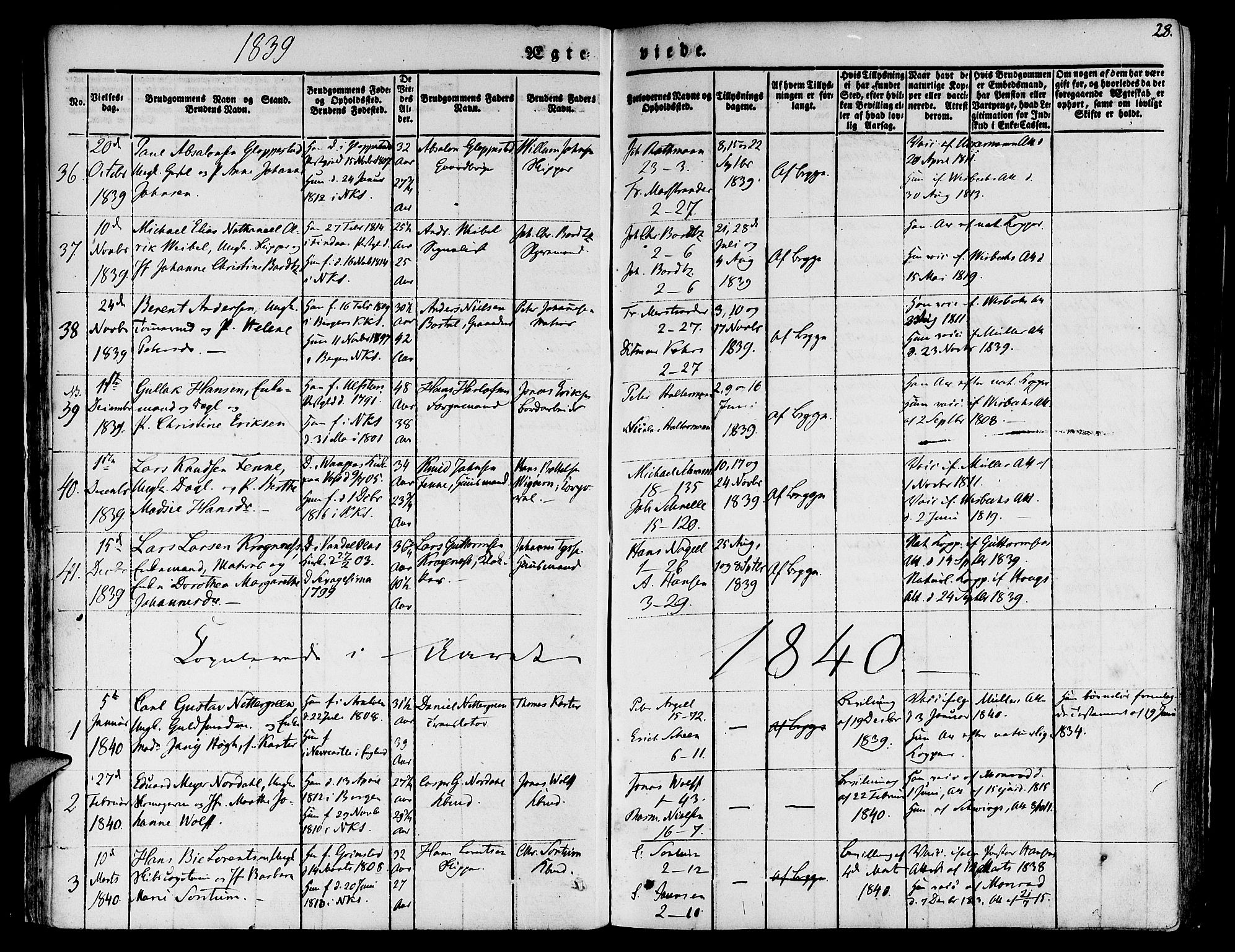 Nykirken Sokneprestembete, SAB/A-77101/H/Hab: Parish register (copy) no. D 1, 1832-1867, p. 28