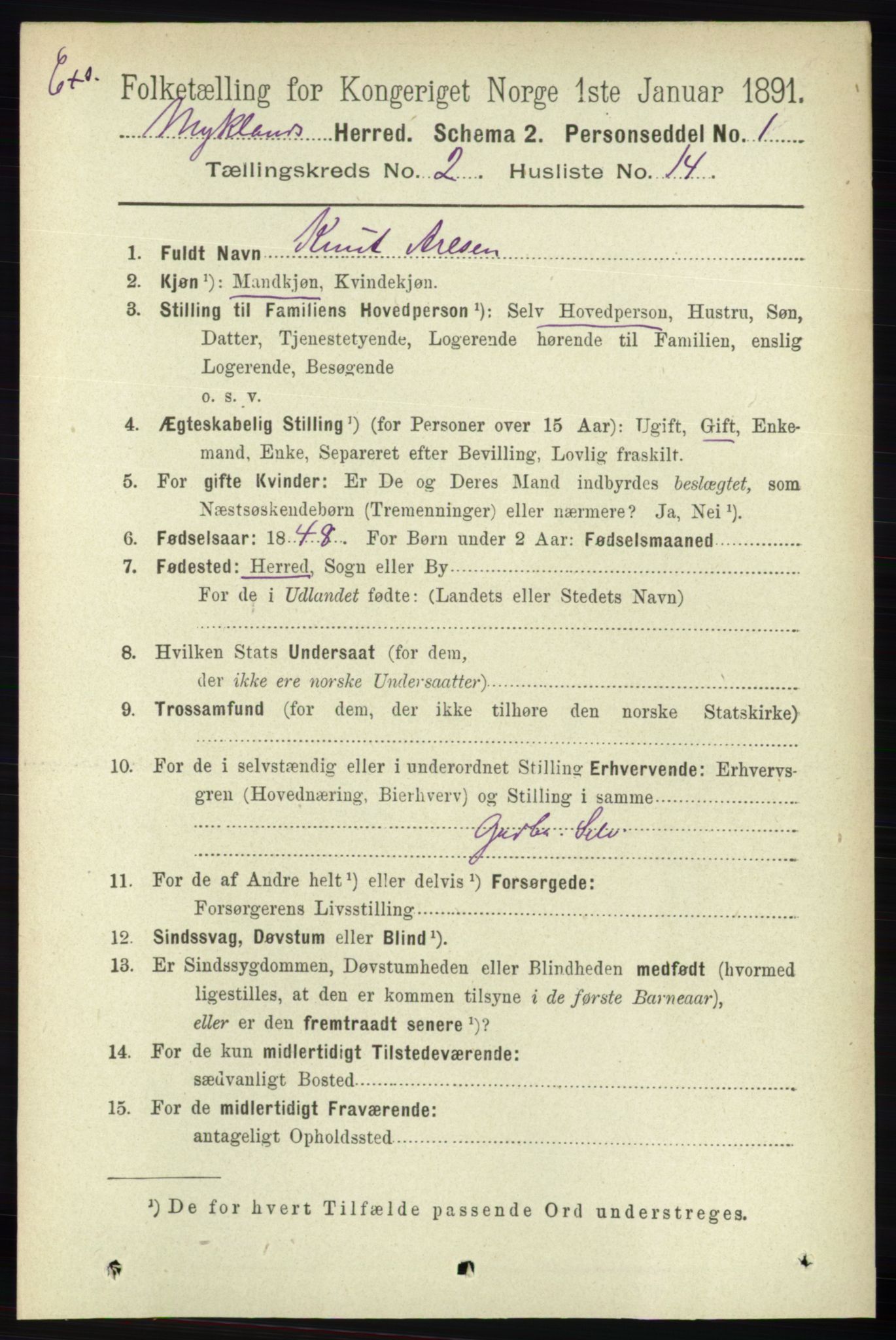 RA, Census 1891 for Nedenes amt: Gjenparter av personsedler for beslektede ektefeller, menn, 1891, p. 402