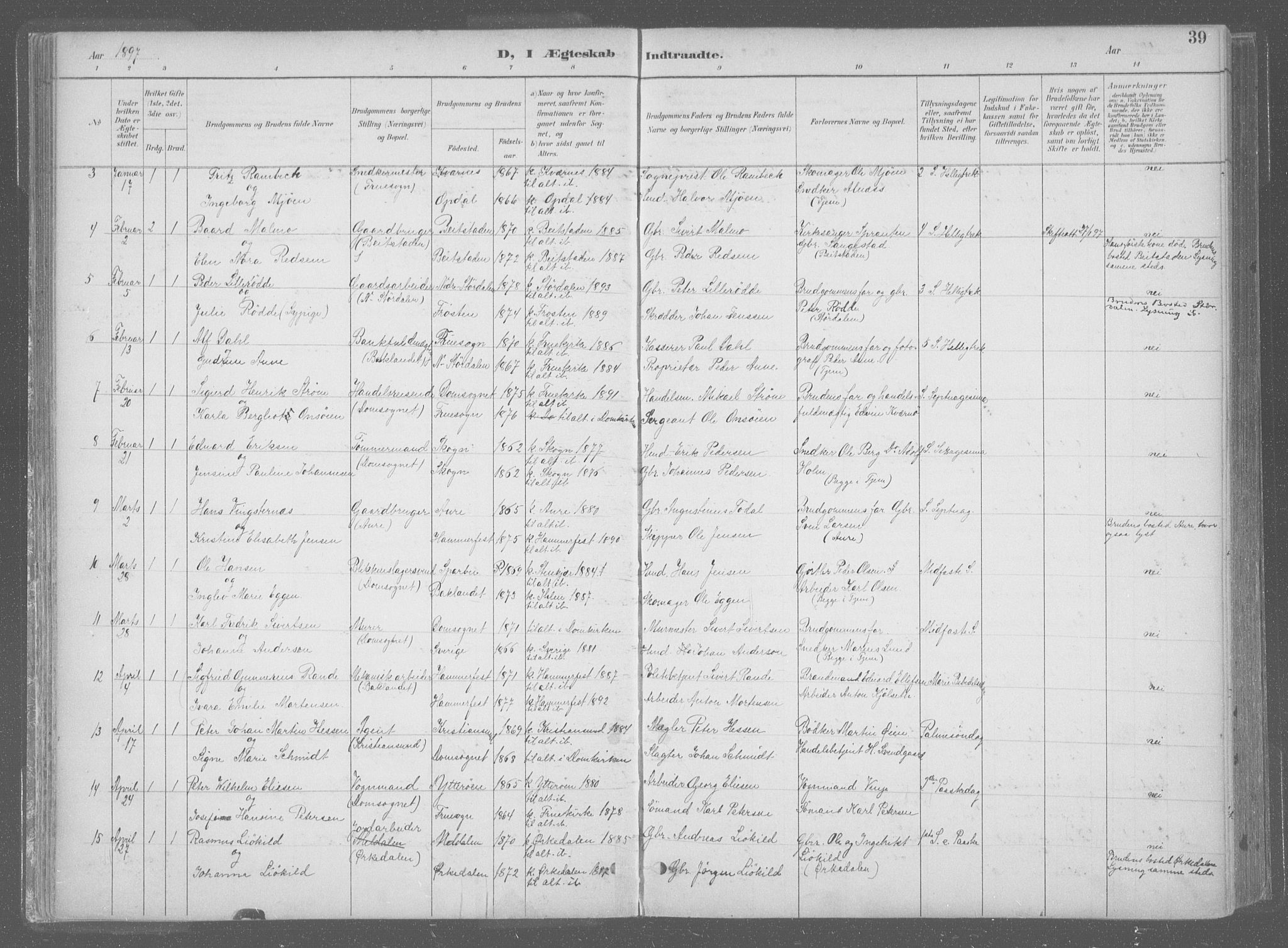 Ministerialprotokoller, klokkerbøker og fødselsregistre - Sør-Trøndelag, AV/SAT-A-1456/601/L0064: Parish register (official) no. 601A31, 1891-1911, p. 39