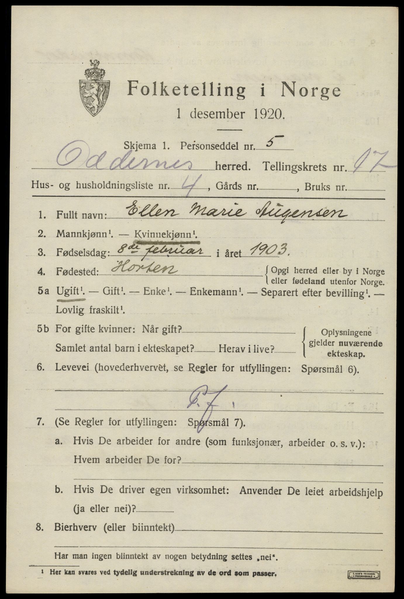 SAK, 1920 census for Oddernes, 1920, p. 12557