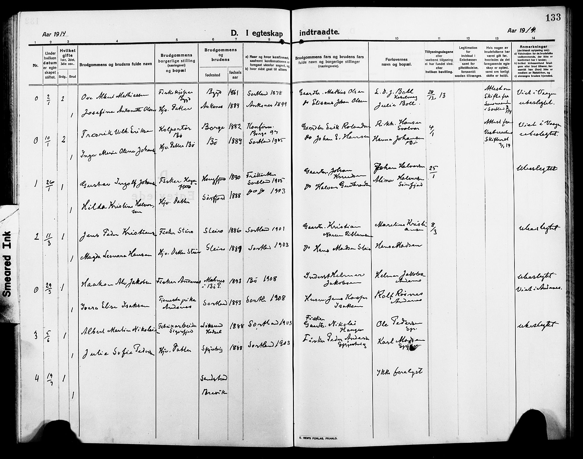 Ministerialprotokoller, klokkerbøker og fødselsregistre - Nordland, SAT/A-1459/895/L1383: Parish register (copy) no. 895C05, 1913-1922, p. 133