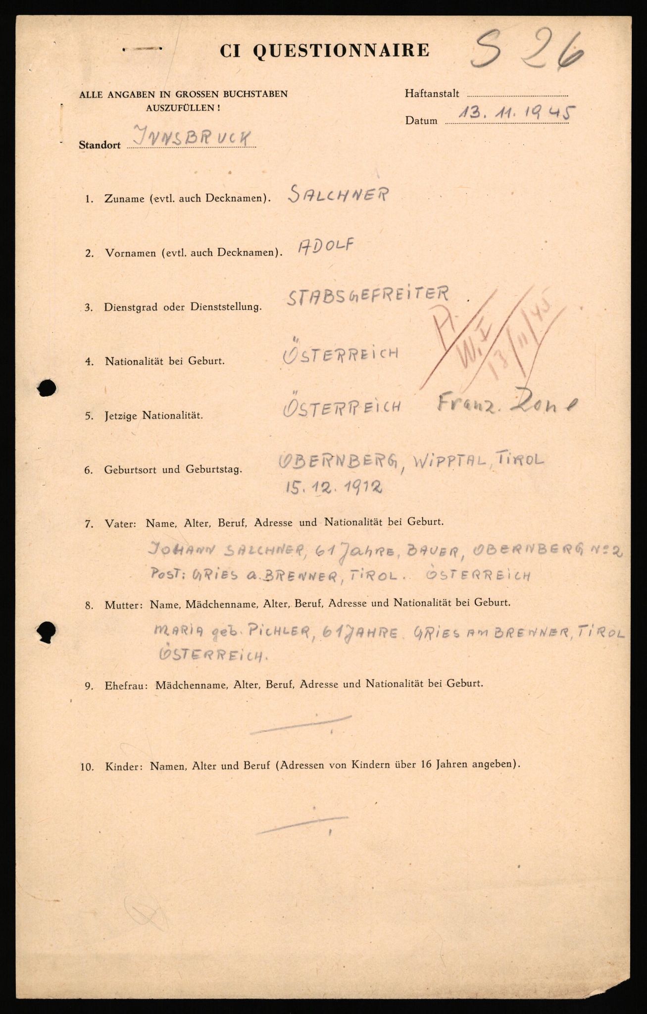 Forsvaret, Forsvarets overkommando II, AV/RA-RAFA-3915/D/Db/L0040: CI Questionaires. Tyske okkupasjonsstyrker i Norge. Østerrikere., 1945-1946, p. 144