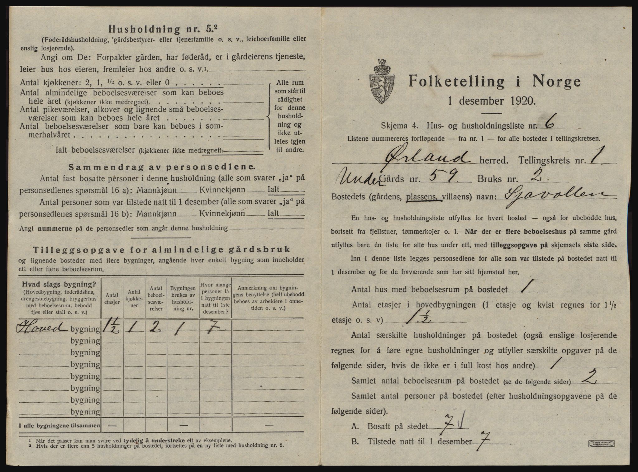 SAT, 1920 census for Ørland, 1920, p. 51