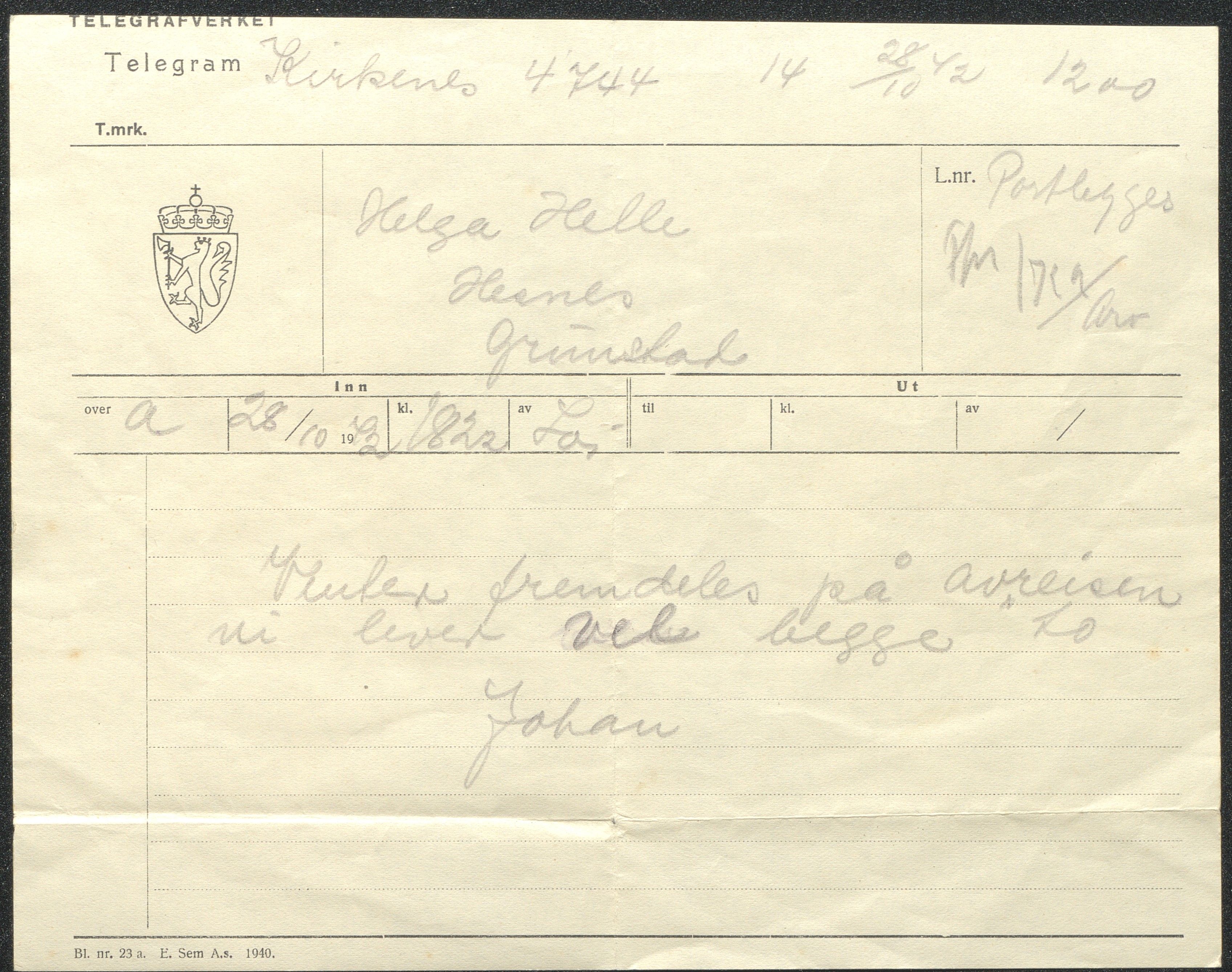 Helle, Johan, AAKS/PA-2995/K/K01/L0001/0001: Korrespondanse / Brev, 1942-1945