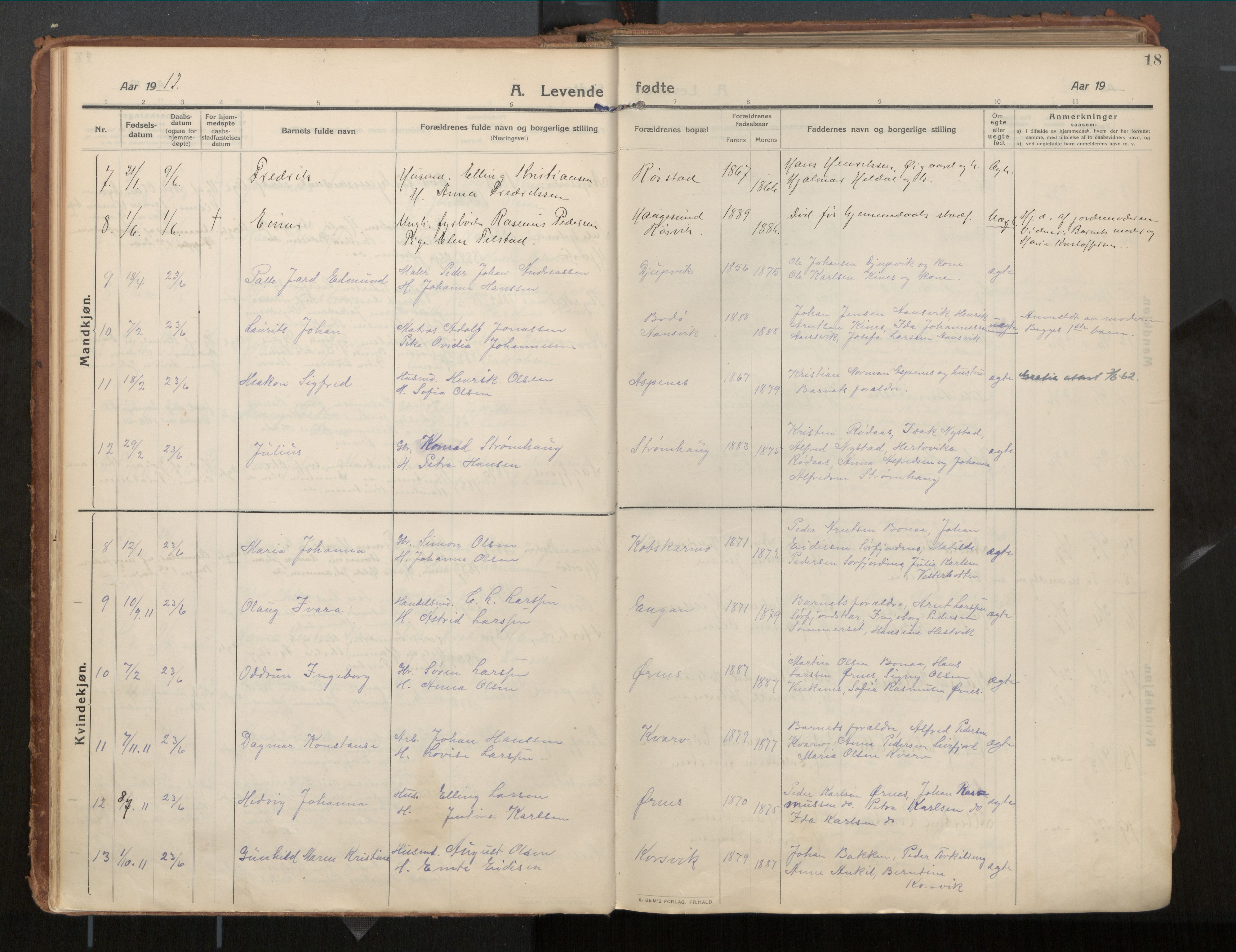 Ministerialprotokoller, klokkerbøker og fødselsregistre - Nordland, AV/SAT-A-1459/854/L0784: Parish register (official) no. 854A07, 1910-1922, p. 18